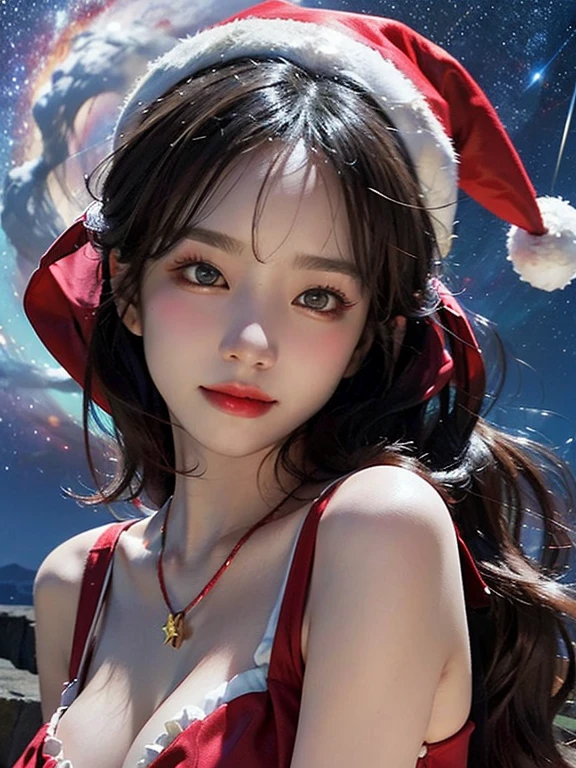 (A hyper-realistic), (hight resolution), (8K), (ighly detailed), (beatiful detailed eyes), (top-quality), (ultra-detailliert), (masterpiece), (A detailed face), snowscape, face focus, soft focus, beautiful woman , solo, large cleavage, Japanese, midlle breast , (wearing a ruby pendant) (wearing a sexy santa outfit), (wearing a Santa hat), (like a fairy), (fits perfectly in her Santa hat), snowing, (starry tornado:1.4), starry Nebula, ((frills)), beautiful detailed sky, beautiful detailed eyes, Gentle smile, 20 years old perfect,1 girl,