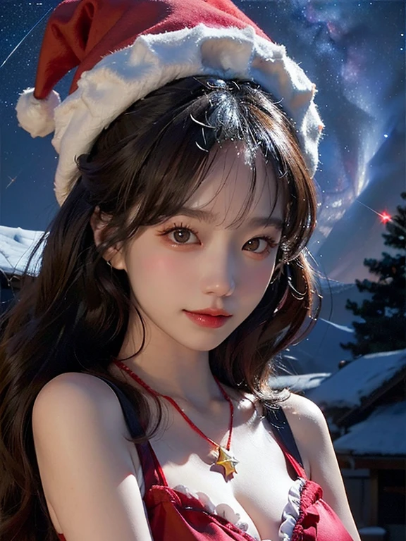 (A hyper-realistic),  (hight resolution),  (8K),  (ighly detailed),  (beatiful detailed eyes),  (top-quality),  (ultra-detailliert),  (​masterpiece),  (A detailed face), snowscape, face focus, soft focus,  beautiful woman , solo, large cleavage, Japanese, midlle breast , (wearing a ruby pendant)  (wearing a sexy santa outfit), (wearing a Santa hat), (like a fairy), (fits perfectly in her Santa hat), snowing, (starry tornado:1.4),  starry Nebula,  ((frills)),  beautiful detailed sky,  beautiful detailed eyes,  Gentle smile, 20 years old perfect,1 girl,