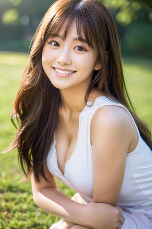 finely detail、hight resolution、hightquality、beautiful and cute eyes、Long brown hair、D Cup Breasts、a smile、Transparent skin、20 years girl、1人でSquatting、masutepiece、Best Quality、finely detail、hight resolution、Squatting、a miniskirt、Gravure Model Pose、a park、The sunset is beautiful、Sleeveless white clothes、I can see the cleavage、