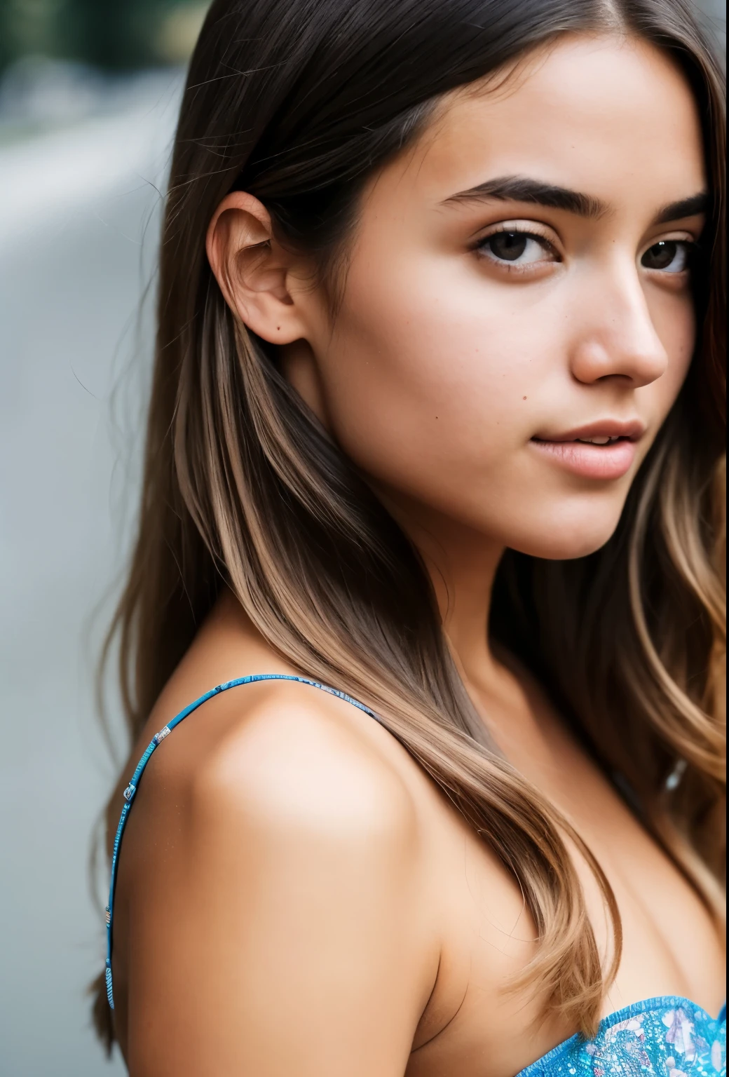 At night, RAW photo, (((extremely beautiful portrait))), ((glistening skin)), 1girl, 18 years old girl, ((natural blonde hair)), [blue eyes], long hair, eyeliner, fluttering hair, vibrance, ((masterpiece, best quality, hyper detailed, Cinematic light, intricate details, highres, 8k, extremely detailed)), detailed background, 8k uhd, dslr, soft lighting, high quality, film grain, Fujifilm XT3, shallow depth of field, natural light, (perfect hands), perfect face