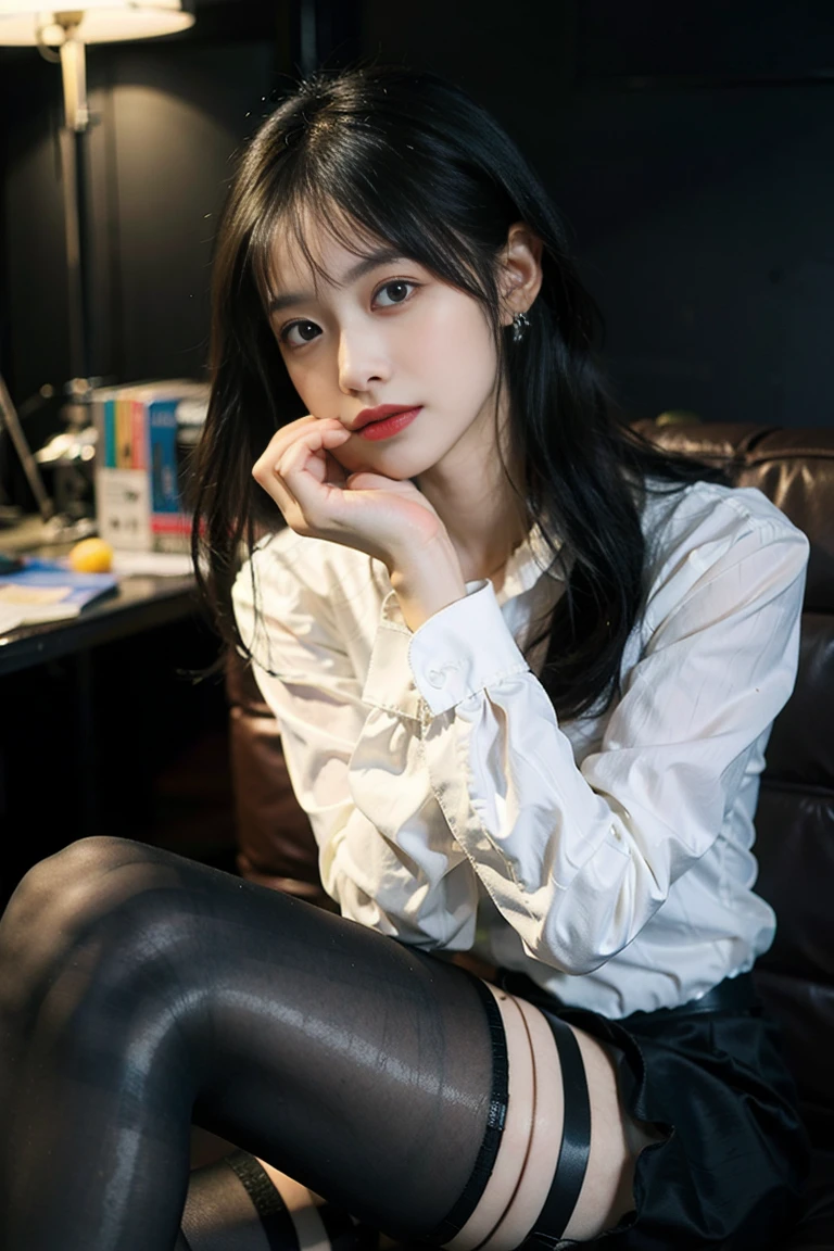 （masterpiece）， best quality， highest quality， extremely detailed CG unity8k wallpaper， detailed and intricate， original，highres， \\ (18yo)，extremely detailed_eyeingernails，sexy，breasts， (eyeliner:0.5)，(blush:0.5)，black hair，hair pulled back， Folded tied hair， diamond earrings，detailed skin， looking at viewer，solo， \\ office lady， suits， white shirt，striped miniskirt， (lace black pantyhose)， black heels， thighhighs， crossed legs， sitting， \\ beautifully detailed background，depth of field，:0.1，realistic:1.3， (ambient light:1)，(cinematic composition:1.3)，(neon lights:0.1)，(HDR:0.1)，Accent Lighting， (pantyshot:1.2
