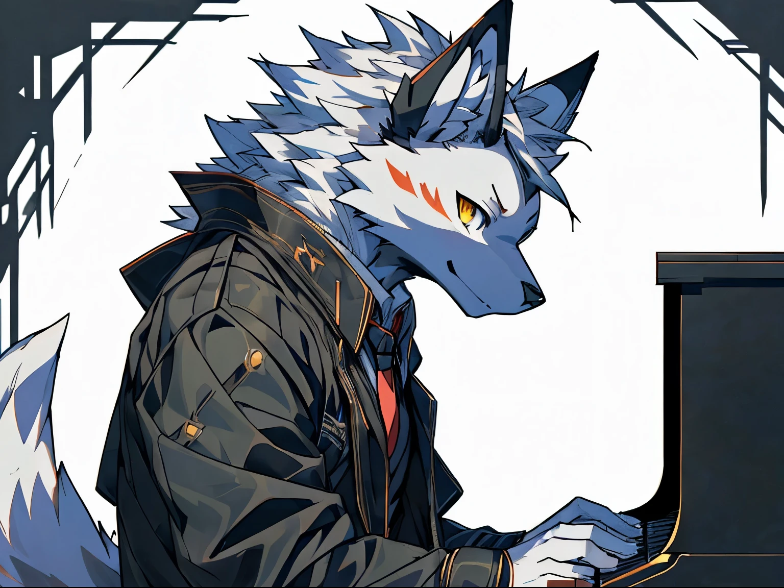 there is a drawing of a wolf playing a piano, keyboardist, koda kazuma, fursona art, pianist, asriel dreemurr, anthropomorphic wolf, fursona!!!!, furry artist, an anthro wolf, kazuma kaneko, weirdcore voidpunk fursona, anime character with a wolf's head and a tie and a suit, zeronis style, koda kazuma, sazed, ((zerator)), official art, zeronis,  profile picture 1024px, zerochan art, stylized anime, inspired by Ryūsei Kishida, inspired by Zhu Da