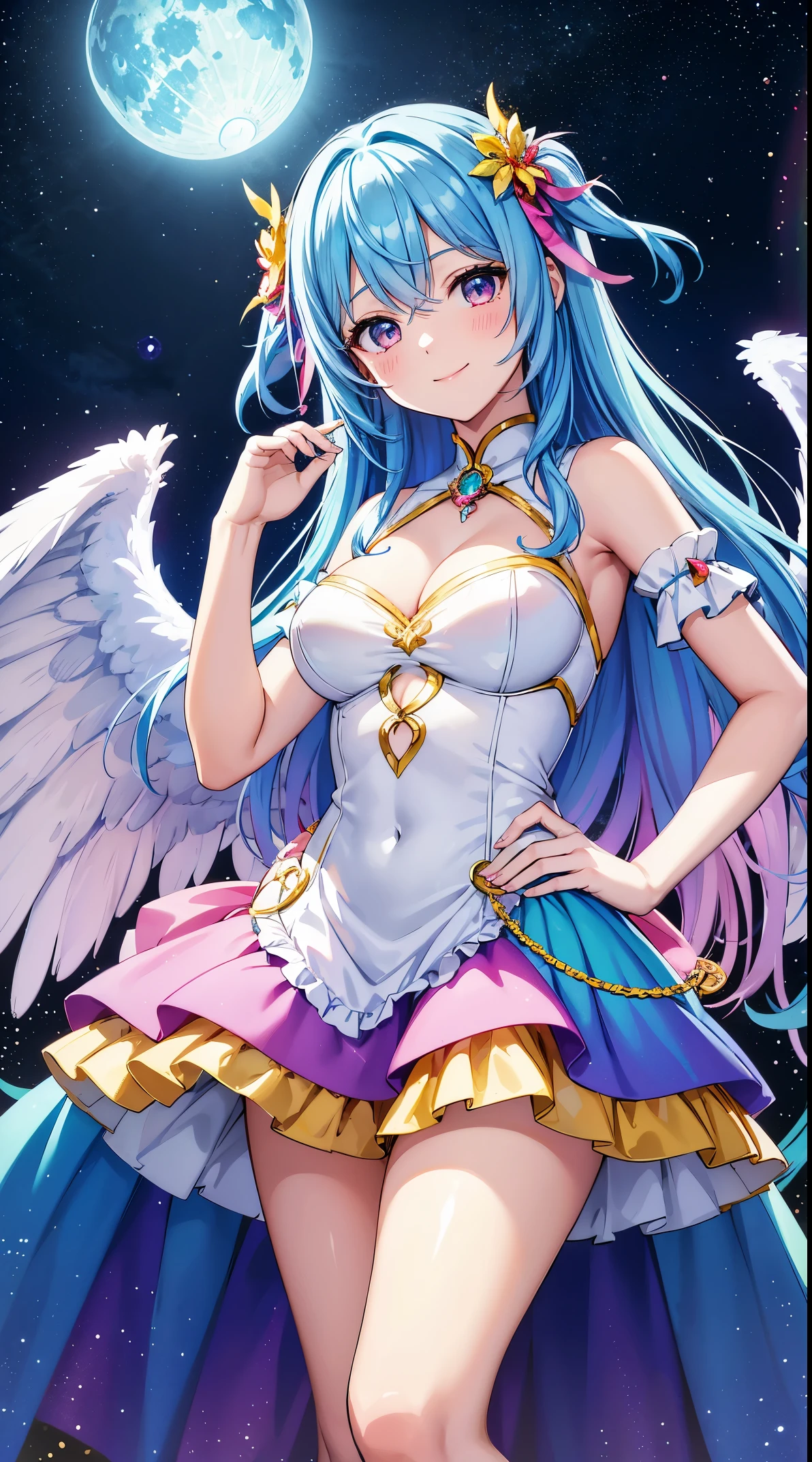 Super Idol A beautiful girl with large rainbow-colored wings on her back A charming smile sky blue hair length hair Twin-tailed white and red、blue and yellow、verdant、pink there、A frilly leotard costume you've never seen before、Looking at the camera、Fantasia constellation a moon Crystal Brilliance Aurora Borealis in the Night Sky