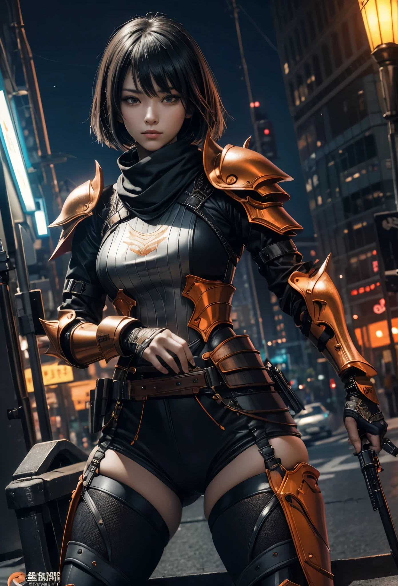 (Detailed illustrations,Very detailed and detailed drawing,Delicate lines with slow and rapid,Realistic texture expression),[Color tressed main line],[Shinjuku background at night],(ANIME) (NINJAGirl (Beautiful fece) ) well-muscled [Slim body] Short Bob Cut,([hornet] Orange Ninja Battle Armor) scarf [stall] ((Fitting rubber inner) [honeycomb] [edg]) hair adornments (Dull metallic luster:0.8),gravure [KUNOICHI],[highcontrast:0.6],(複雑でBeautiful fece装飾 [Dense detail]),(きめ細やかでBeautiful fece肌表現 [Transparency]),[完璧な目のdetaileds (Iris beautifully drawn in every detail)[Jewel-like eyes]],[長くてBeautiful fece睫毛],[Meticulously drawn hair [美しく艷やかな髪のdetaileds]],(完璧な手のdetaileds [Fingers without breakdown [Beautiful nails]]),(Perfect Anatomy(Perfectly proportioned))[[Full body like]],[[Design built to the highest level]][Ideal color coordination(Accurate simulation of light-material interactions)],([Precision Detail](detaileds,high-detail)),[Visual art that conveys a sense of narrative].