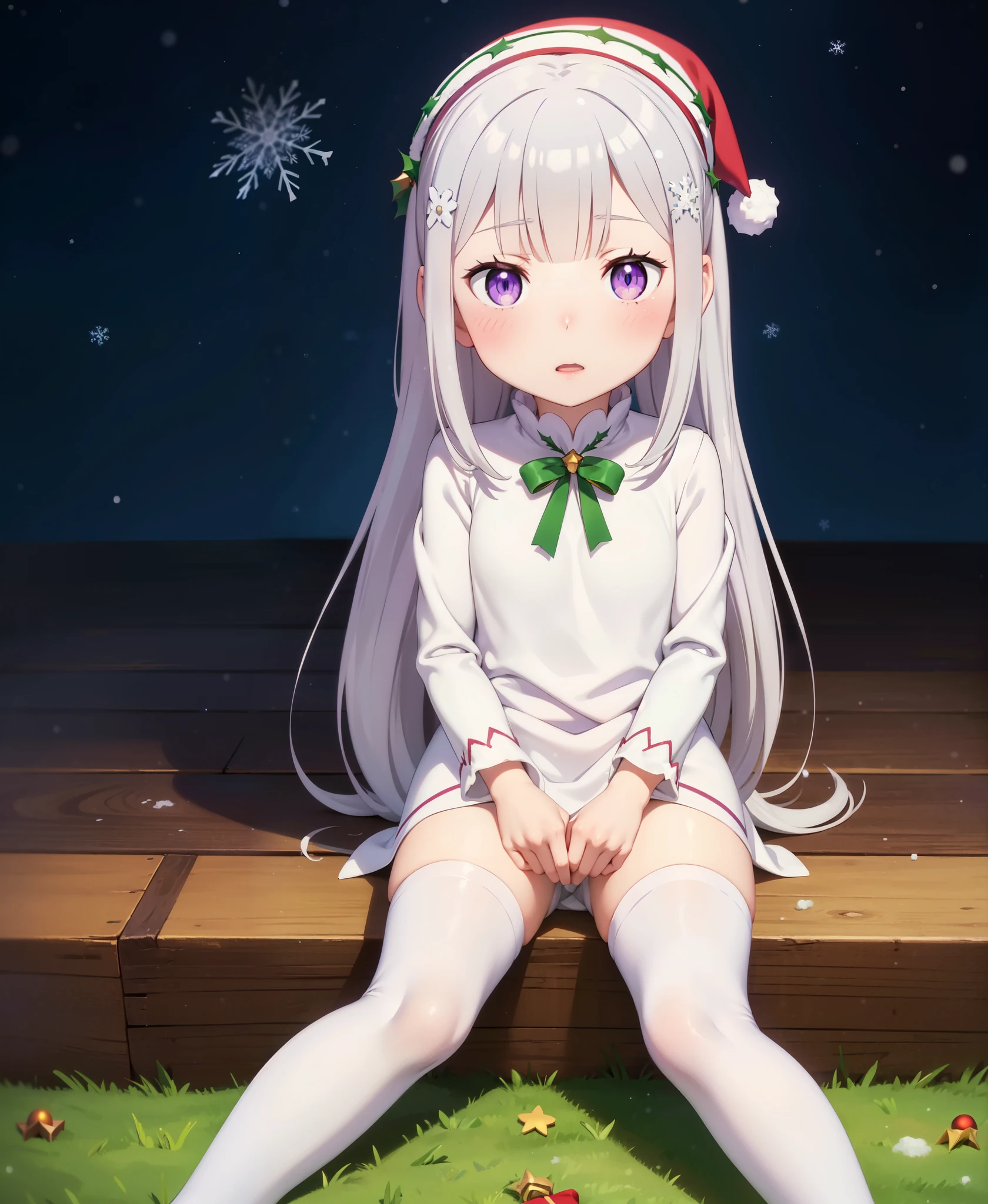 re:zero, emilia, gray hair, masterpiece, amazing, 8k, detailed, 1girl, purple eyes, (white tights), falling snowflakes, sitting, ((Christmas hat)),, happy