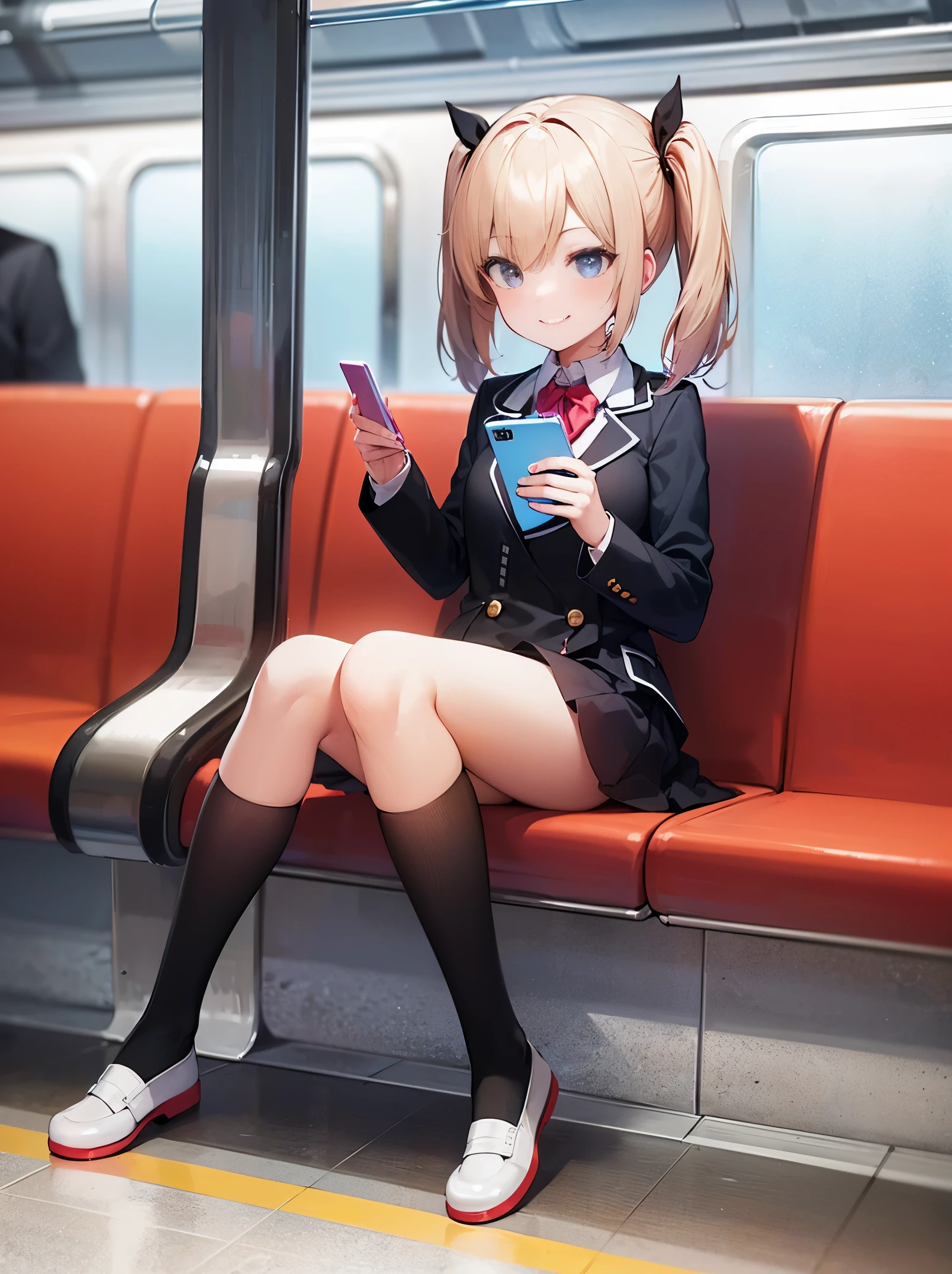 , Using a smartphone on a subway train， Full body photo，mature girl, ​masterpiece, cool smile,