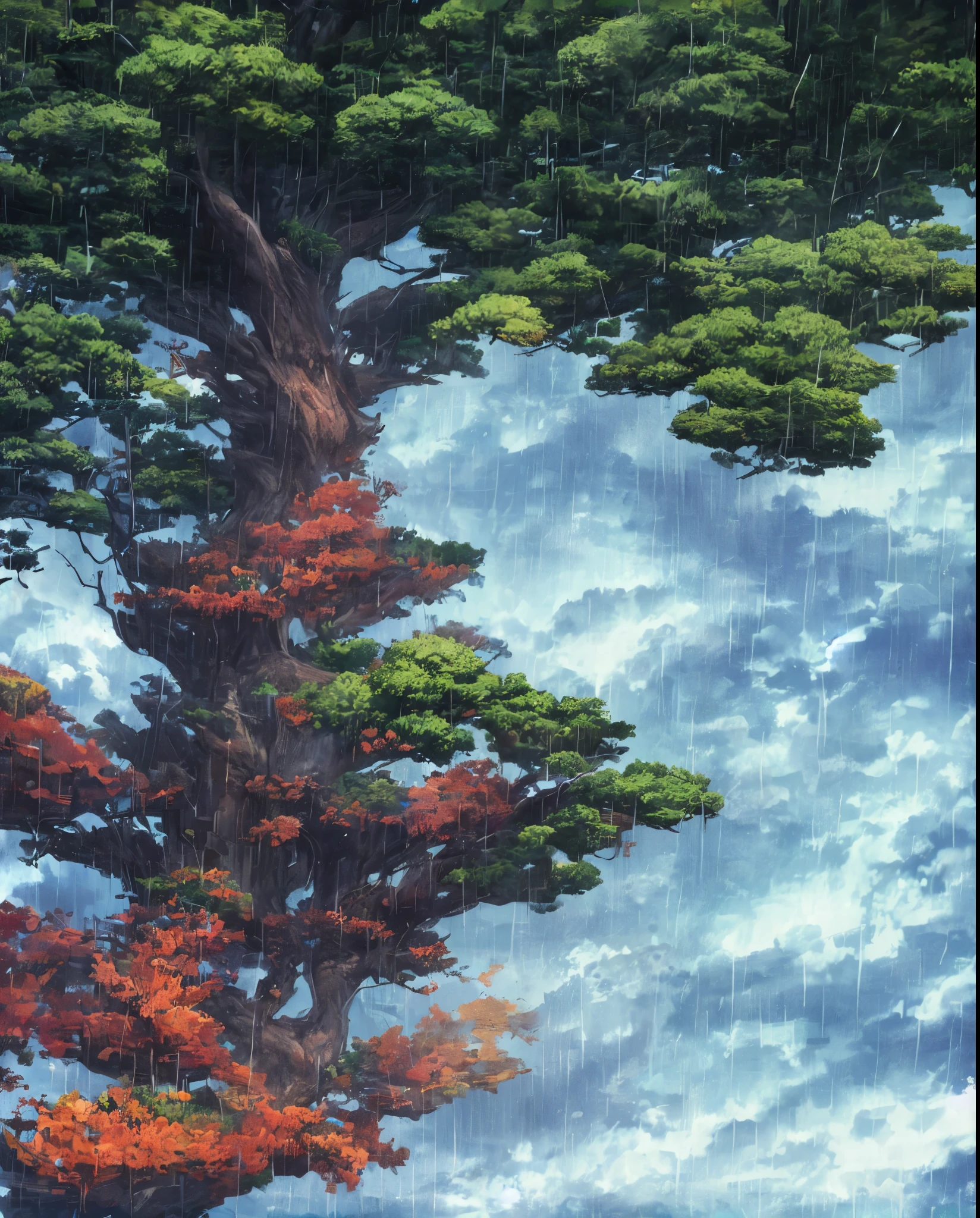 under the rain、a man is standing under a tree, anime nature, detailed scenery —width 672, anime beautiful peace scene, anime nature wallpap, Anime Background art, stormy weather. By Shinkai Makoto, beautiful anime scene, anime vibes, beautiful anime scenery, Anime Background, beautiful painting of a tall, Anime landscapes wallpaper, Anime landscapes, anime clouds,raincoat,Knitting hat