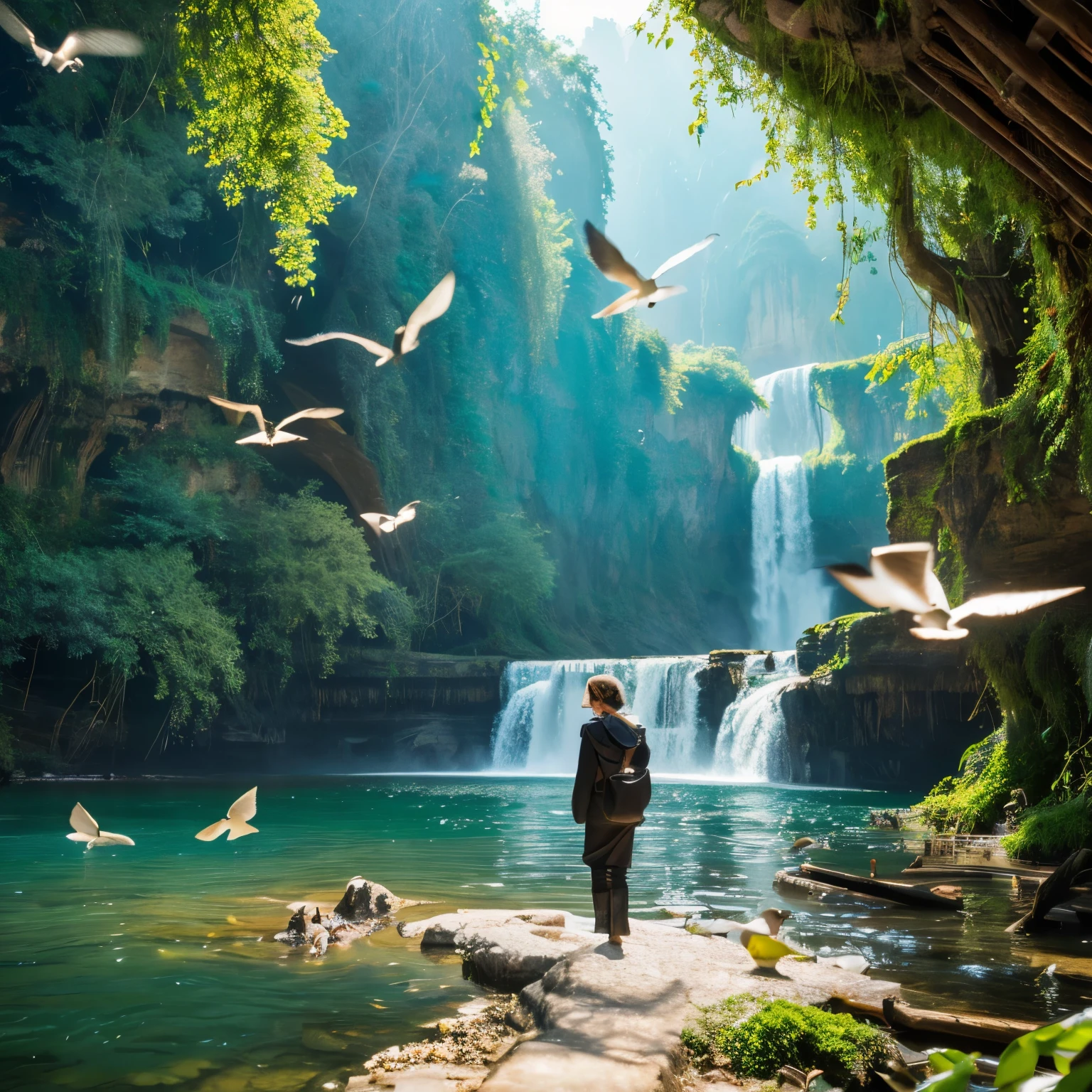 Angelina Jolie,fly,river,forest,birds, waterfall