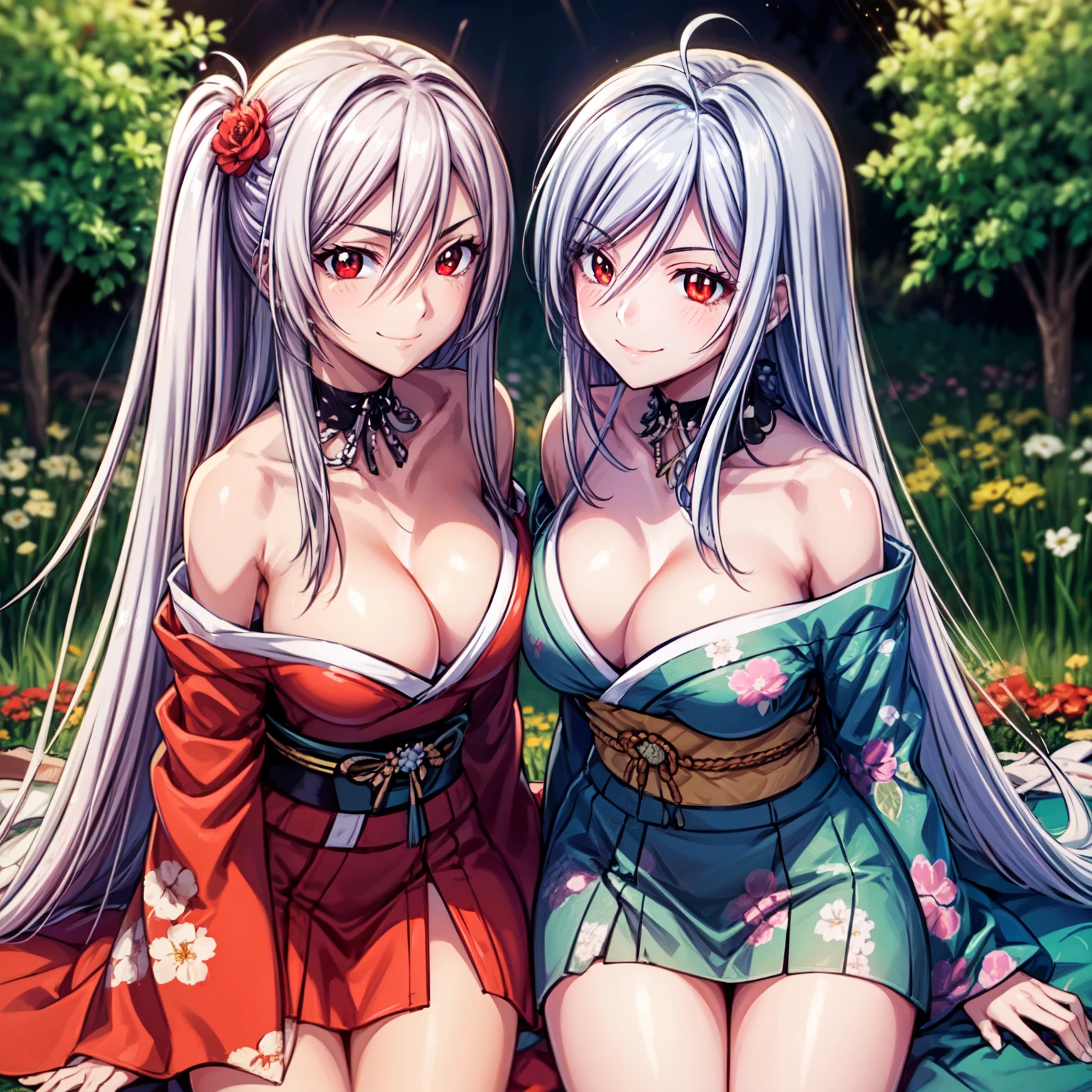 1 Women, 28 years old, long silver hair, red eyes with slit pupils, Floral kimono, off shoulders, a miniskirt, red blush, flower field, sexy, perfect body,  Make eye contact with the camera, (light_Smile:1.5),