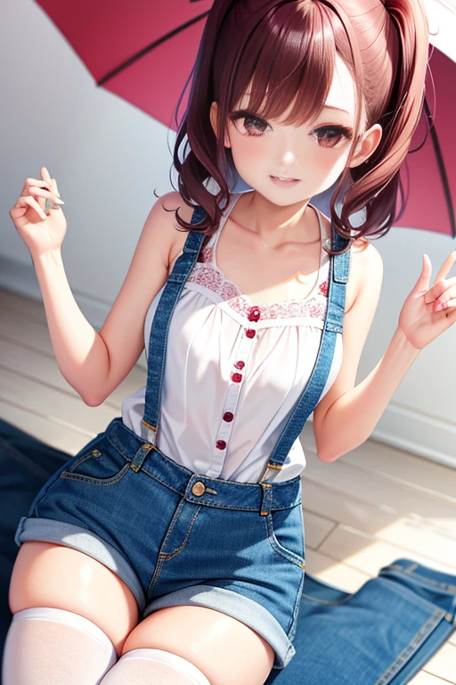 ultra - detailed,tmasterpiece,Best quality at best,love letter,Blushlush,Yazawa Nico,red eyes, Blunt hair, 1female、Camisole denim vest、denim short,Ancient style China、White bun hairstyle, brunette color hair、chubbiness、ssmile、White suspender tights、Tights lace trim、jumpsuit,pale pink lip、posing on a,drenched all over the body,face flushed,backpacks,Smile