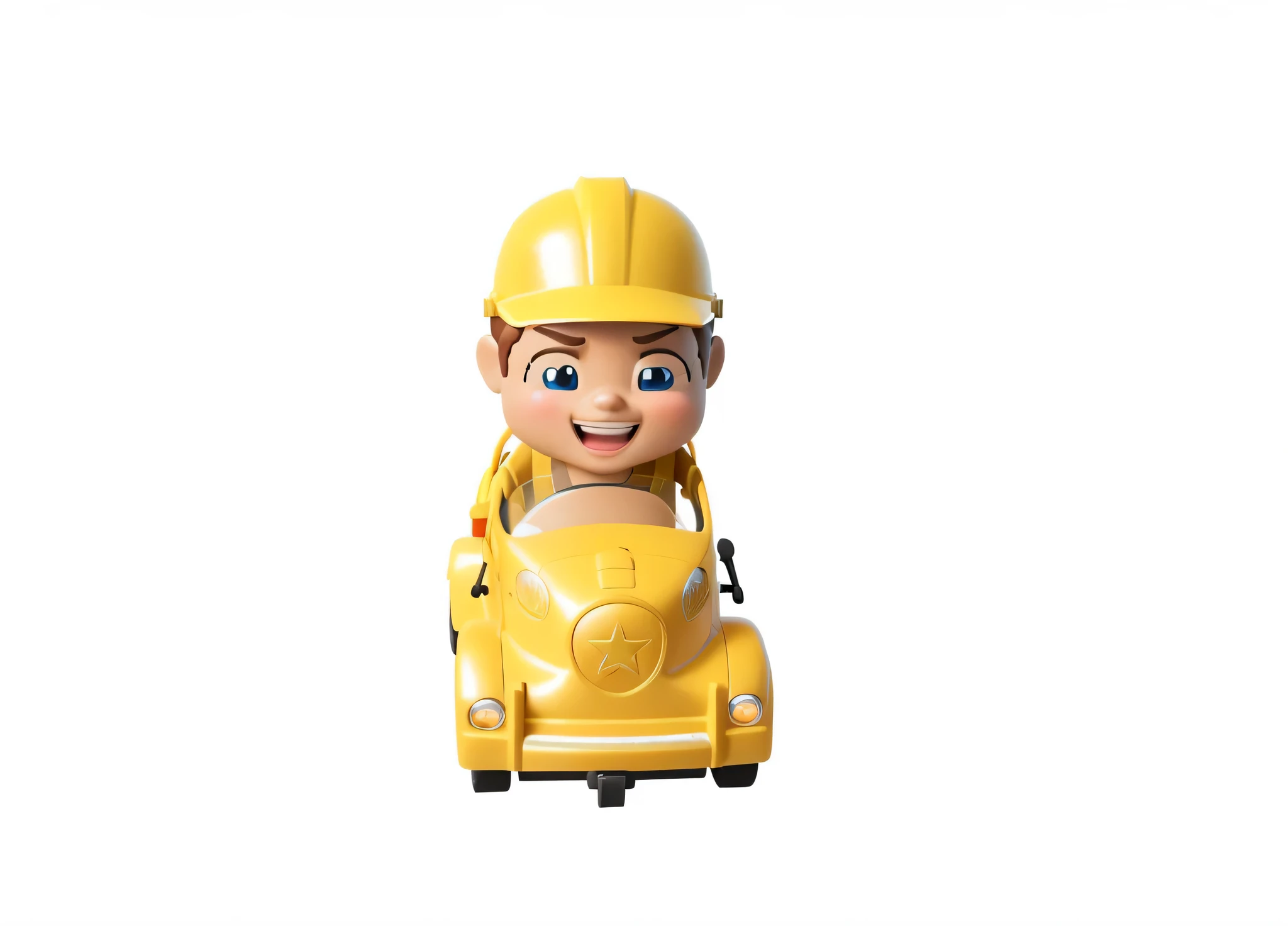 There is a construction vehicle，There is a construction worker in the car,，Driving a truck for construction work，People in the car cheered，Everyone in the car laughed，Animated characters, toy advertising photos, member sam, plastic toy, Driving a small toy car, 3d character, 3D characters, Render key shots, member, Cute 3d rendering, promotional render，4K，8K，hyper HD