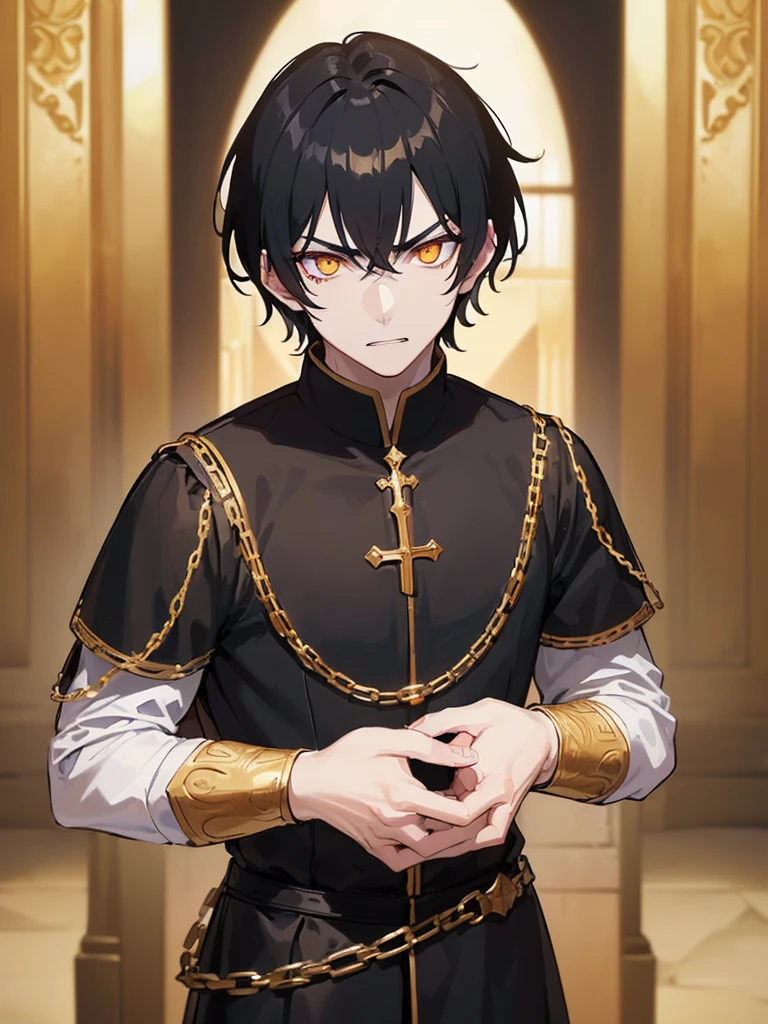 (((I want a boy with white skin, black hair and golden eyes, in black medieval men's clothing, a serious expression on his face)))