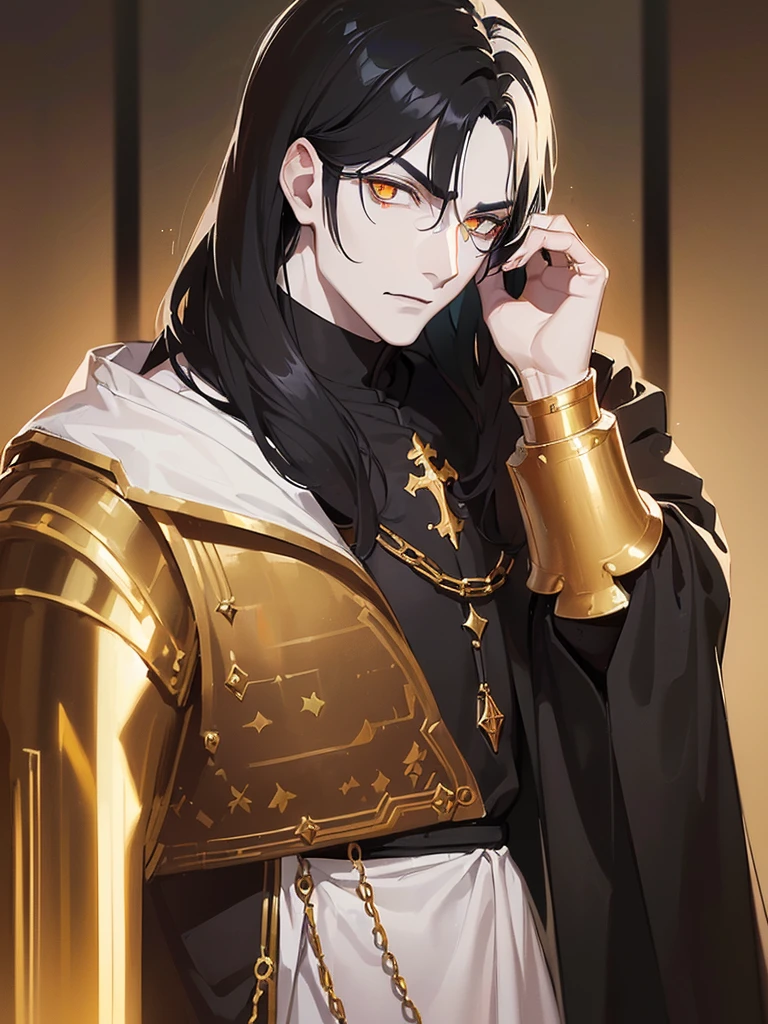 (((I want a boy with white skin, black hair and golden eyes, in black medieval men's clothing, a serious expression on his face)))