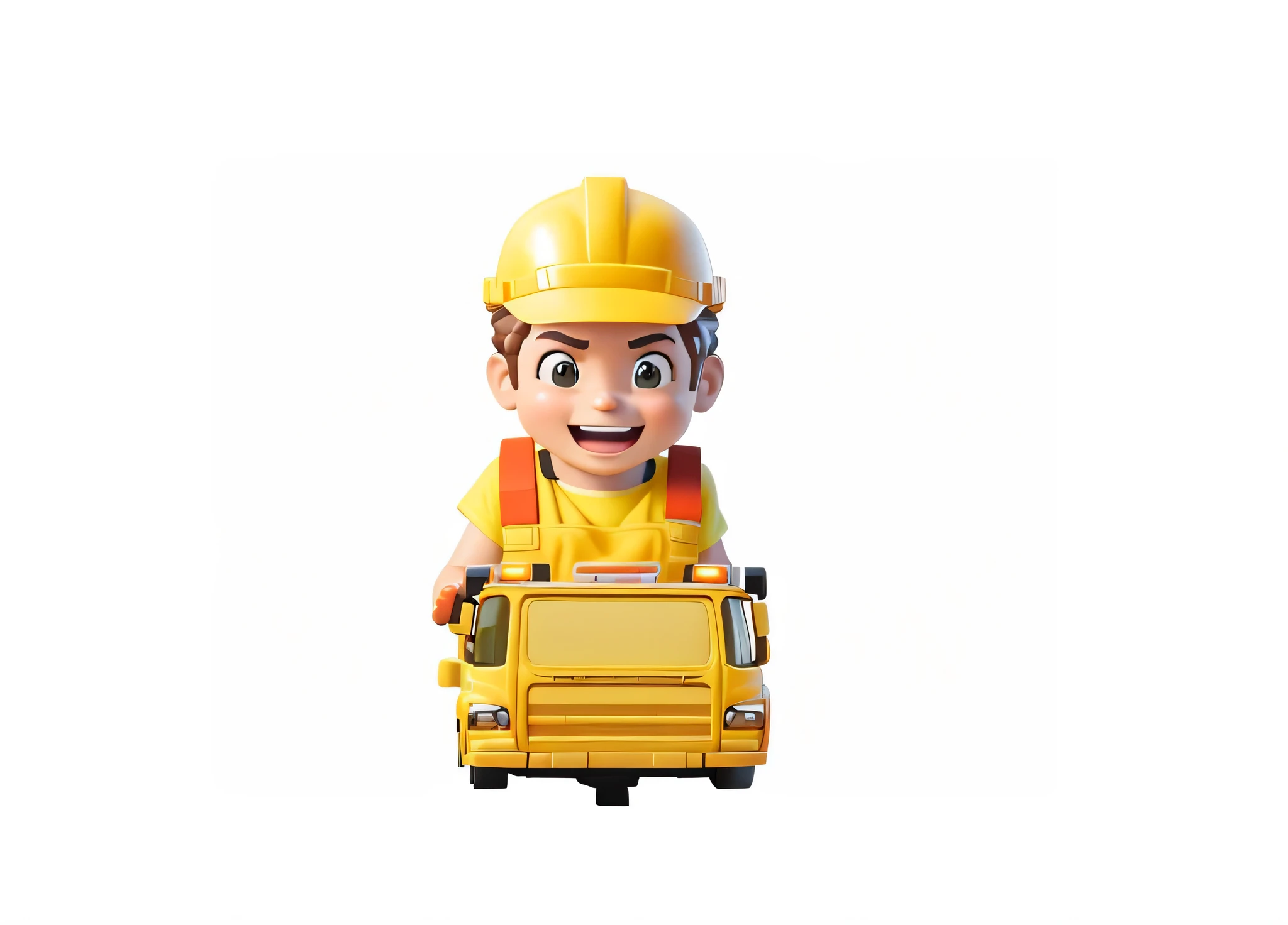 There is a construction vehicle,There is a construction worker in the car,,Driving a truck for construction work,People in the car cheered,Everyone in the car laughed,Animated characters, toy advertising photos, member sam, plastic toy, Driving a small toy car, 3D characters, 3d character, Render key shots, member, Cute 3d rendering, promotional render,4K,8K,hyper HD