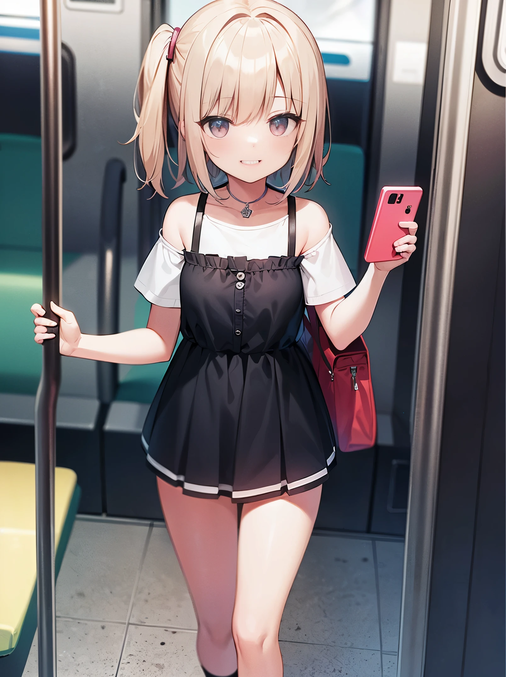 , Using a smartphone on a subway train， Full body photo，mature girl, ​masterpiece, cool smile,