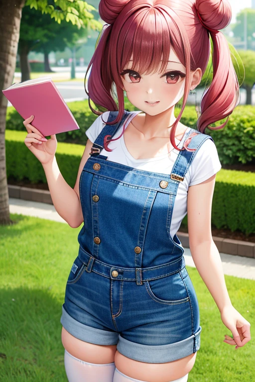 ultra - detailed,tmasterpiece,Best quality at best,love letter,Blushlush,Yazawa Nico,red eyes, Blunt hair, 1female、Camisole denim vest、denim short,Ancient style China、White bun hairstyle, brunette color hair、chubbiness、ssmile、White suspender tights、Tights lace trim、jumpsuit,pale pink lip、posing on a,drenched all over the body,face flushed,backpacks,Smile,greet,at park