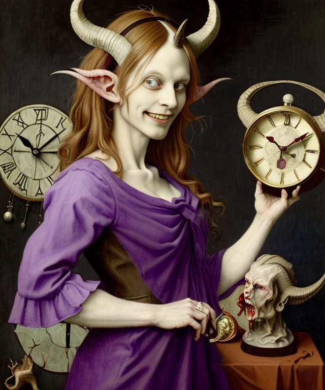 oil painting, beautiful red devil, evil female, (((wearing black and purple tunic, twisted goat horns, large dragon wings))), (((messy hair, small bust))), (((zombie eyes, evil smile))), (((holding a clock))), against large clock, highly detailed, realistic shaded perfect body, ultra realistic picture, (((renaissance art style, art by Hieronymus Bosch)))