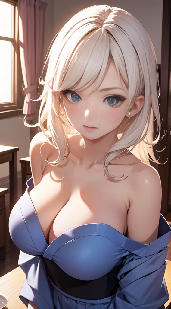 8K、quality、On a table、super high image quality、ultra - detailed、super beautiful、Ultra-realistic hair textures、anime illustration、Surreal sensibility、Whole body ESBIAN、Charming appearance、shave 、Off-the-shoulder blue yukata、Beutiful women, eBlue eyes、Skin glows、Very huge、Red lace breasts are super big、Skin glows 、Clean the skin、Japanese style room with daytime background,Big breasted 1.5,