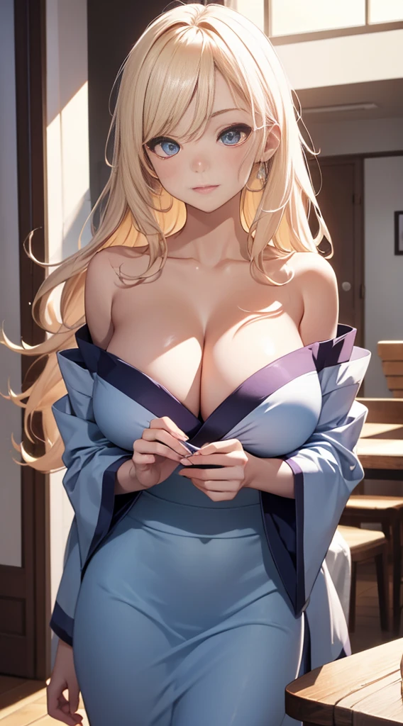 8K、quality、On a table、super high image quality、ultra - detailed、super beautiful、Ultra-realistic hair textures、anime illustration、Surreal sensibility、Whole body ESBIAN、Charming appearance、shave 、Off-the-shoulder blue yukata、Beutiful women, eBlue eyes、Skin glows、Very huge、Red lace breasts are super big、Skin glows 、Clean the skin、Japanese style room with daytime background,Big breasted 1.5，