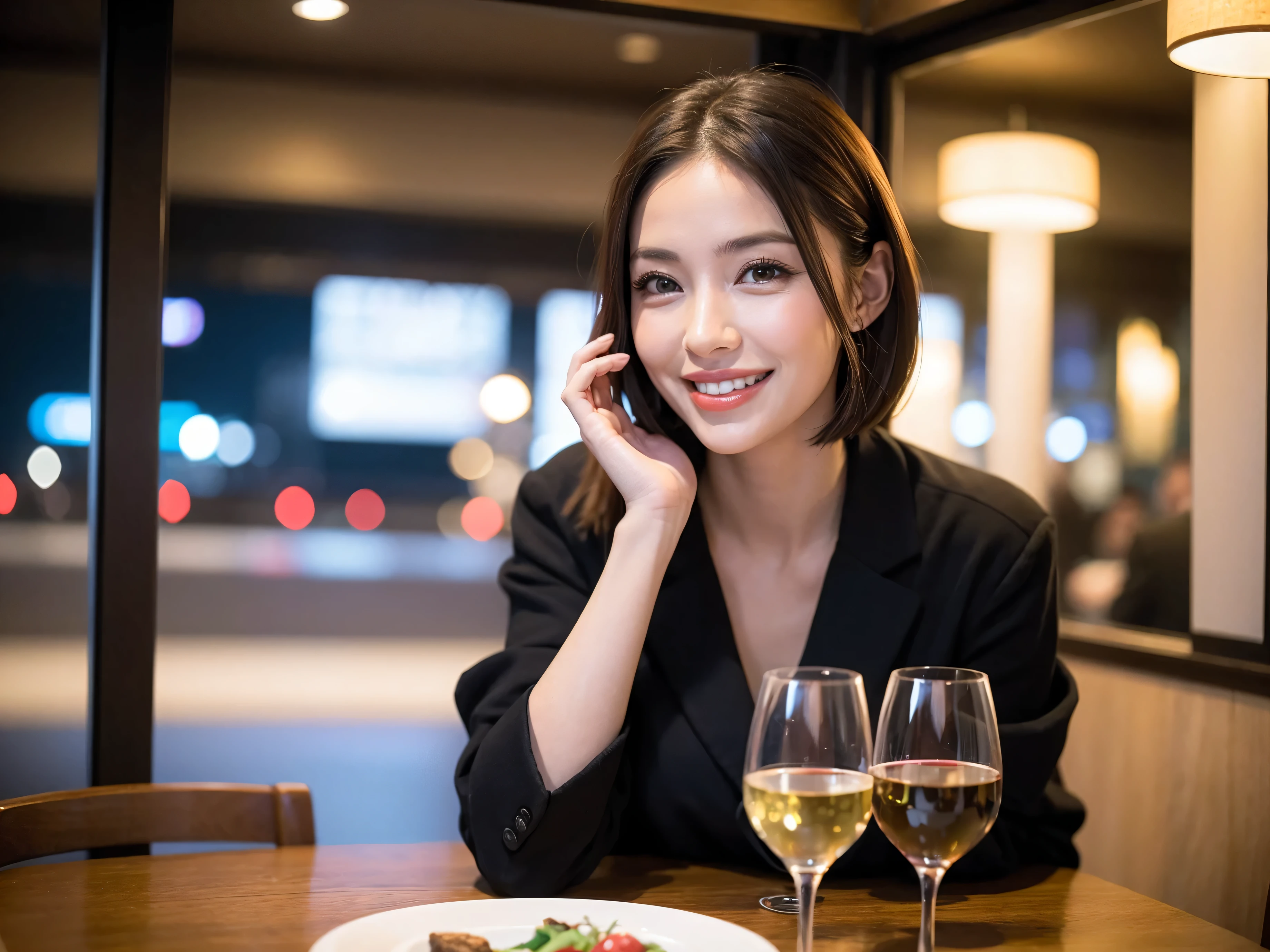 (64k uhd, nffsw, of the highest quality, masutepiece: 1.2), (Realistic, Photorealistic: 1.37), Pretty Woman 1, (Slim Face), (slimボティ), (Brown hair), (short-cut), Dutchman、Italian、Americana、Frenchman、japanes、cheeks blush a little, (40 years old), 38 years, Solo, A beautiful and detailed night view spreads out outside the window........., restaurant, wine glassesに座って, At night, In a prominent place (from waist up) NovaFrogStyle, actress, Model, waist-up, white wine, slim, wine glasses, Super clean night view, 真ん中に置かれたwine glasses, Happy smile, (Smile: 1.15), Beautiful fine eyes, Upper body, Bust Japan Up, Night, Short, Short, actress, Model, waist-up, white wine, slim, wine glasses, Super clean night view, 真ん中に置かれたwine glasses, Happy smile,