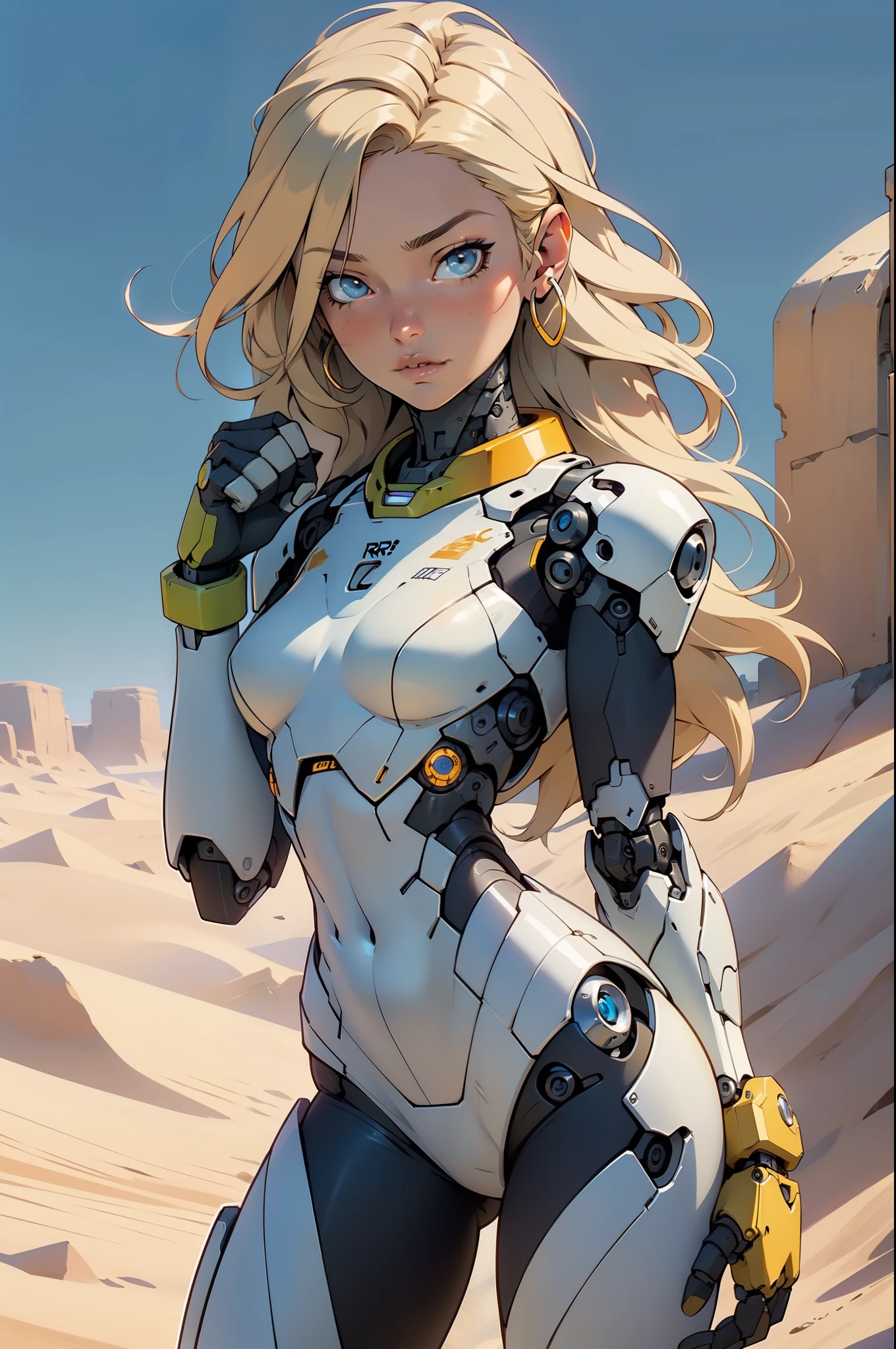 high quality, 4k, masterpiece, beautiful, cyborg girl, cowboy shot, dull eyes, looking at viewer, long blonde hair, girl, small breasts, fit thigh, robotic arms, robotic body, cyborg body, yellow accent, intricate detail, joint, detailed lines, robotic detail, holding fist up, holding hand up as fist, color robotic parts, robotic parts with color, perfect fingers, on a desert planet, sunny background, colorful desert,