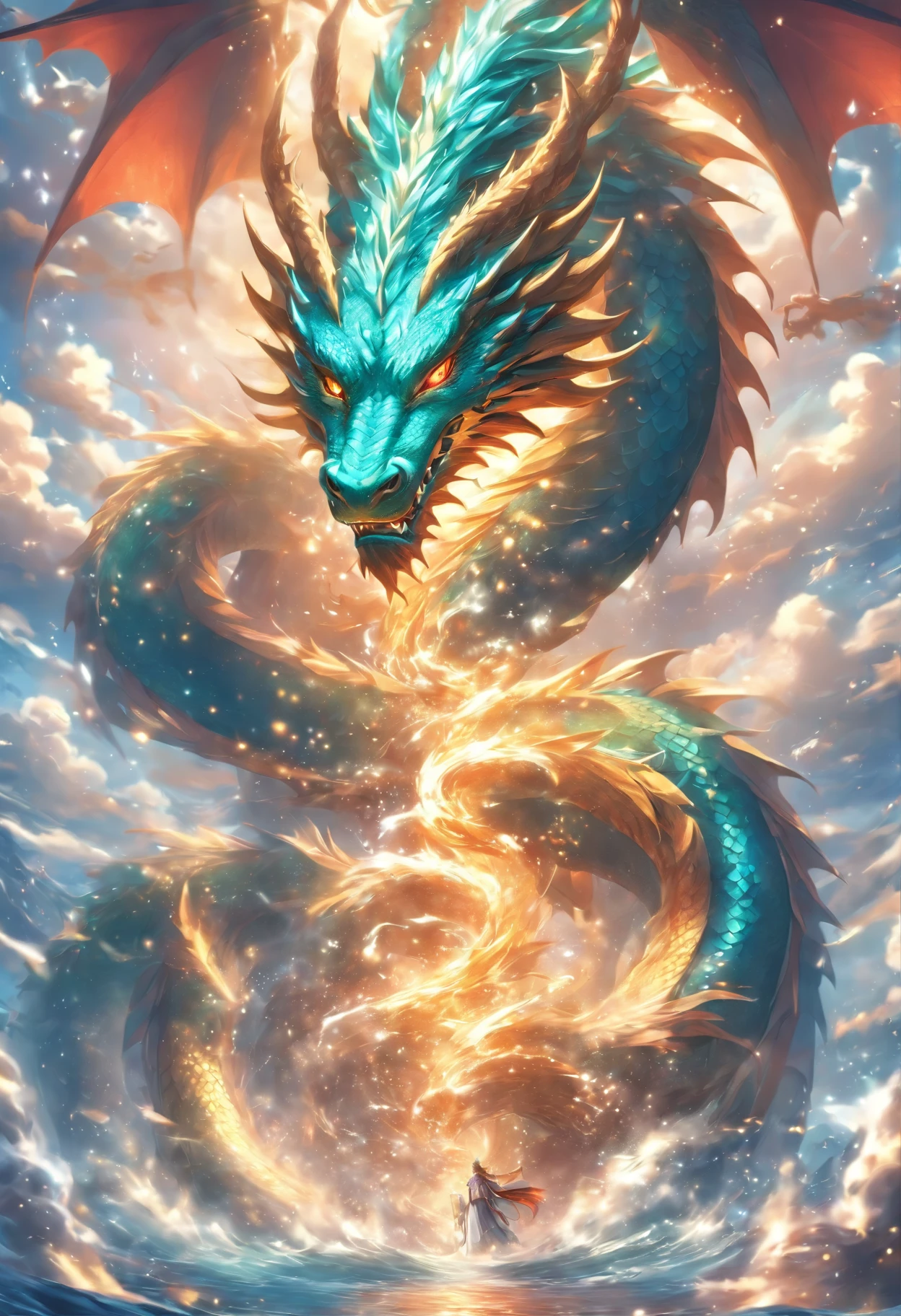 (((dragon))) Best Quality, Very high resolution, Detailed CG in 4K, masutepiece, Water god,  cloud, shui mo hua, spiritual aesthetics, beautiful image, Center the screen, Whole body