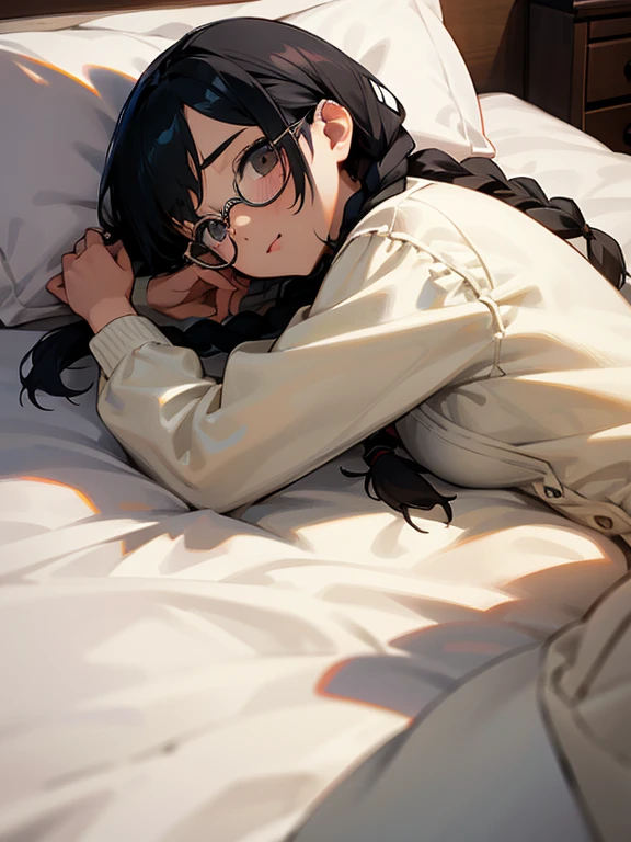 a young cute girl, glasses, braids, black hair, piercing, lie on bed