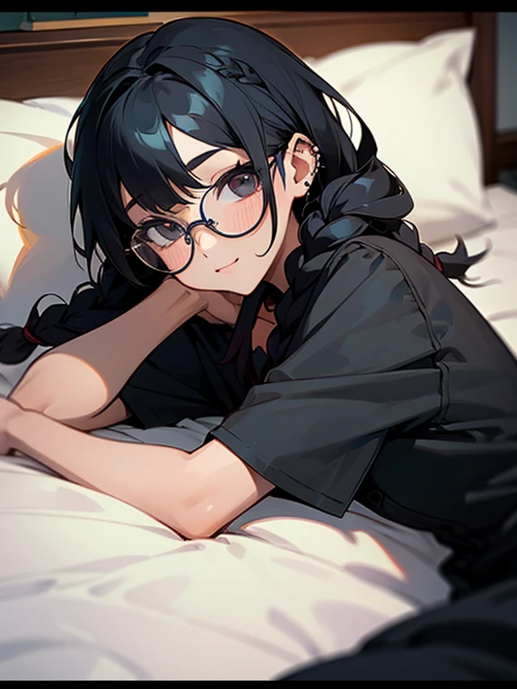 a young cute girl, glasses, braids, black hair, piercing, lie on bed