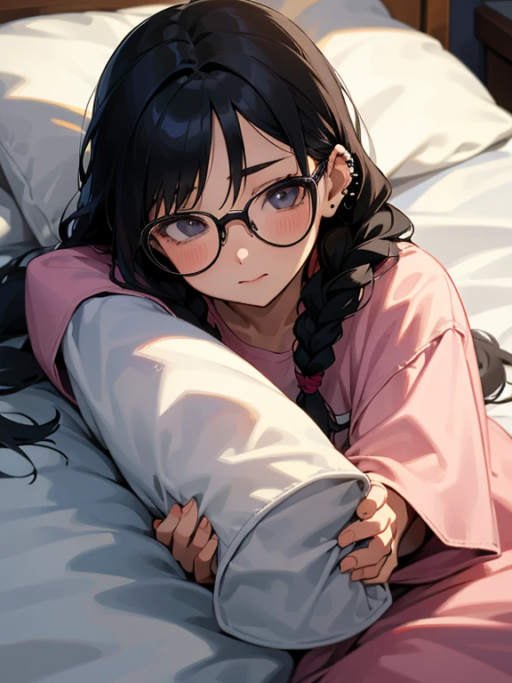 a young cute girl, glasses, braids, black hair, piercing, (lie on own back), sleeping, dress shirt, overhead shot