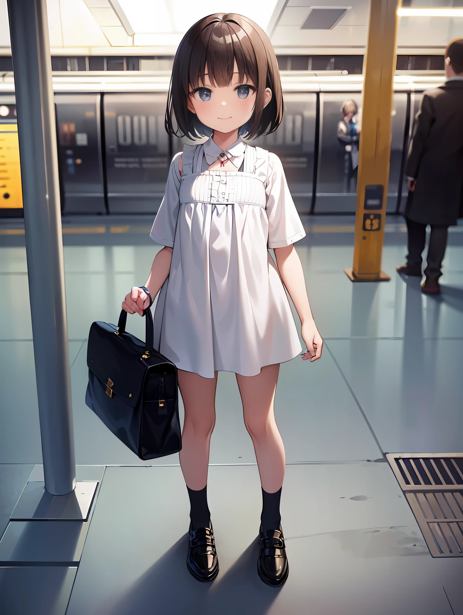 , wait on the subway platform， Full body photo，mature girl, ​masterpiece, cool smile,