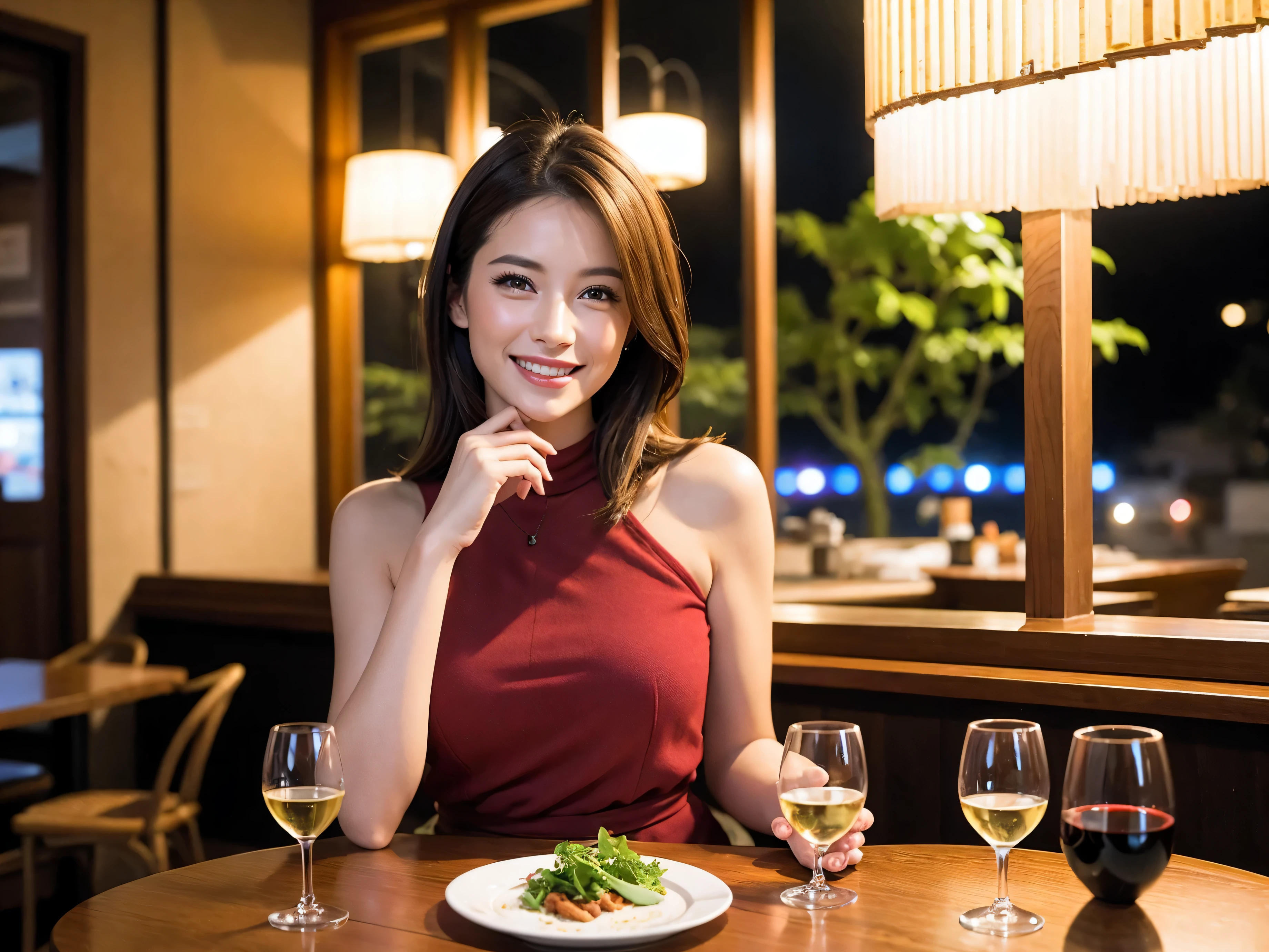 (64k uhd, nffsw, of the highest quality, masutepiece: 1.2), (Realistic, Photorealistic: 1.37), Pretty Woman 1, (Slim Face), (slimボティ), (Brown hair), (short-cut), Italian、Dutchman、Americana、Frenchman、japanes、cheeks blush a little, (40 years old), 38 years, Solo, A beautiful and detailed night view spreads out outside the window..........., restaurant, wine glassesに座って, At night, In a prominent place (from waist up) NovaFrogStyle, actress, Model, waist-up, white wine, slim, wine glasses, Super clean night view, 真ん中に置かれたwine glasses, Happy smile, (Smile: 1.15), Beautiful fine eyes, Upper body, Bust Japan Up, Night, Short, Short, actress, Model, waist-up, white wine, slim, wine glasses, Super clean night view, 真ん中に置かれたwine glasses, Happy smile,