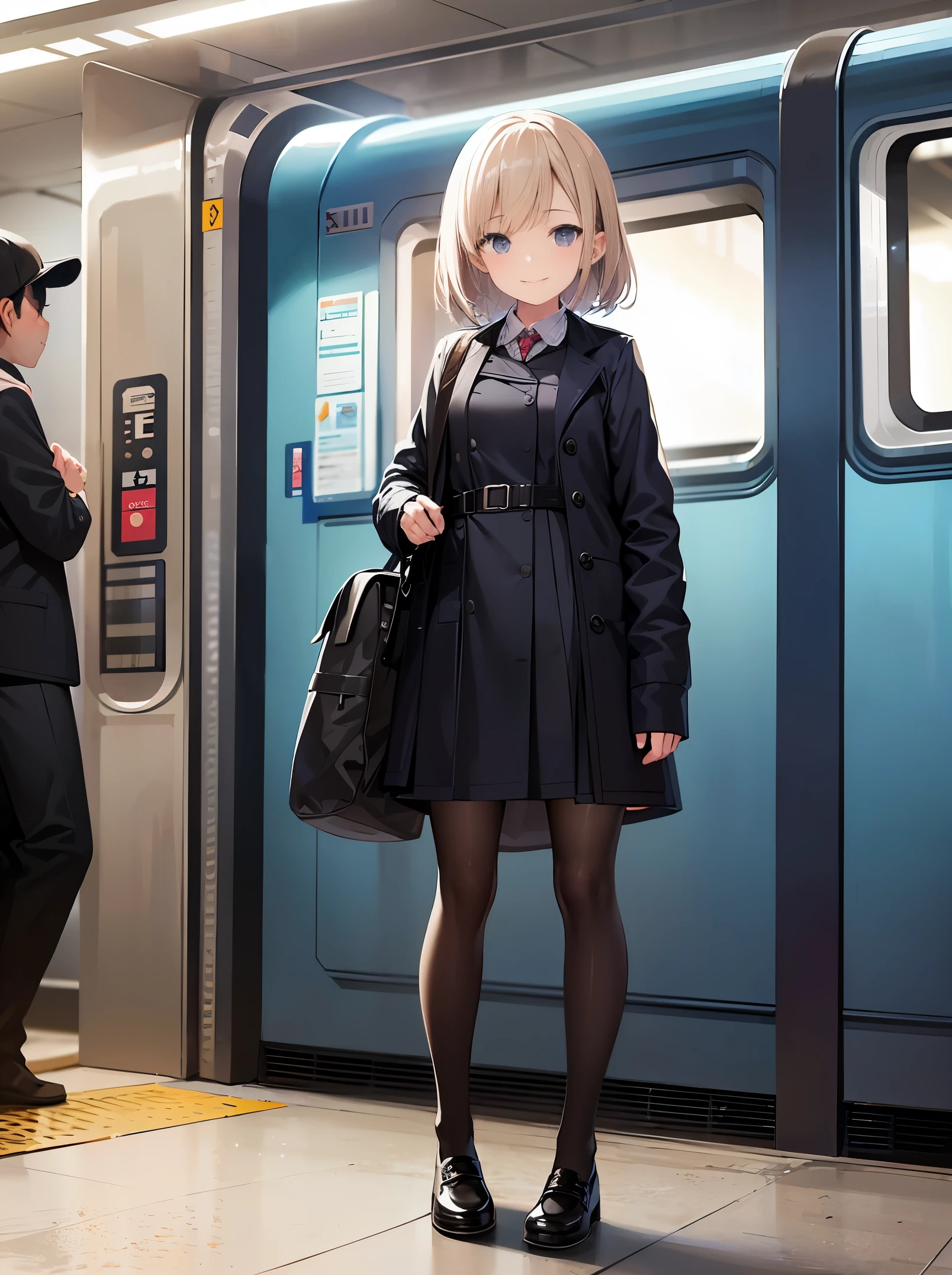 , wait on the subway platform， Full body photo，mature girl, ​masterpiece, cool smile,