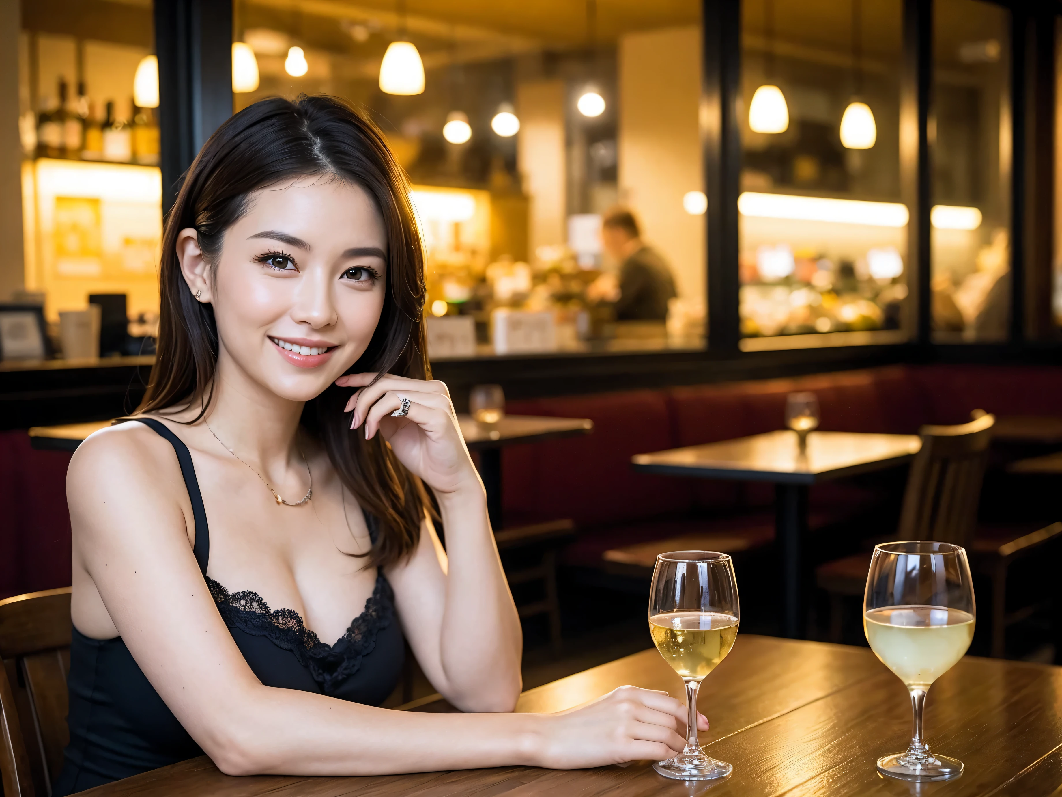 (64k uhd, nffsw, of the highest quality, masutepiece: 1.2), (Realistic, Photorealistic: 1.37), Pretty Woman 1, (Slim Face), (slimボティ), (Brown hair), (short-cut), Italian、Dutchman、Americana、Frenchman、japanes、cheeks blush a little, (40 years old), 38 years, Solo, A beautiful and detailed night view spreads out outside the window..........., restaurant, wine glassesに座って, At night, In a prominent place (from waist up) NovaFrogStyle, actress, Model, waist-up, white wine, slim, wine glasses, Super clean night view, 真ん中に置かれたwine glasses, Happy smile, (Smile: 1.15), Beautiful fine eyes, Upper body, Bust Japan Up, Night, Short, Short, actress, Model, waist-up, white wine, slim, wine glasses, Super clean night view, 真ん中に置かれたwine glasses, Happy smile,