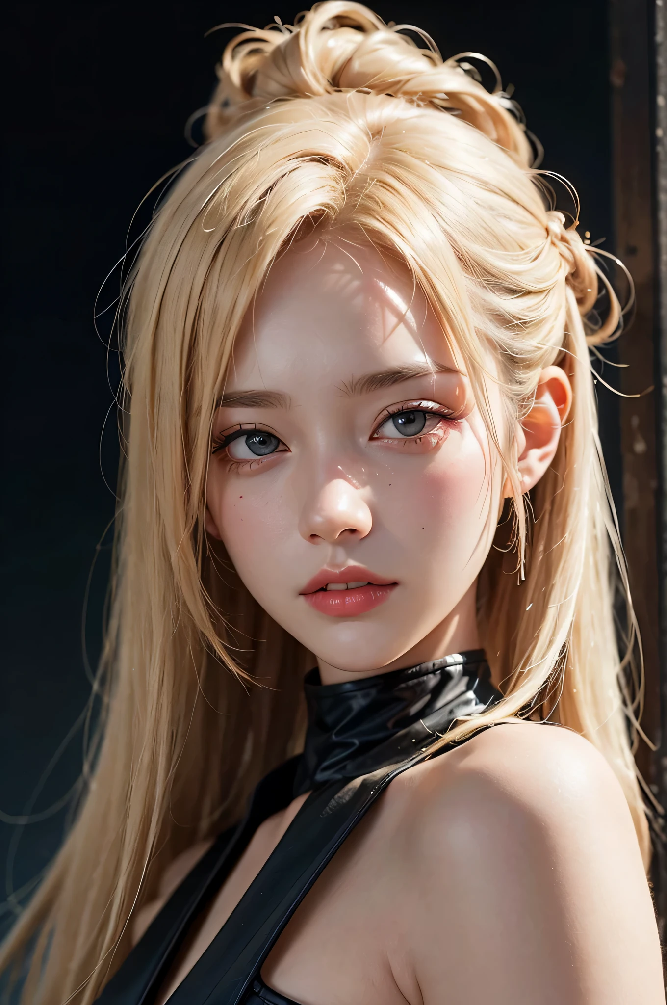 a 20 yo woman，blonde with blue eyes，（High top fade in and out：1.3），Dark theme，Soothing tone，pastelcolor，hight contrast，（Natural skin texture，hyper realisitc，the soft light，Sharp）