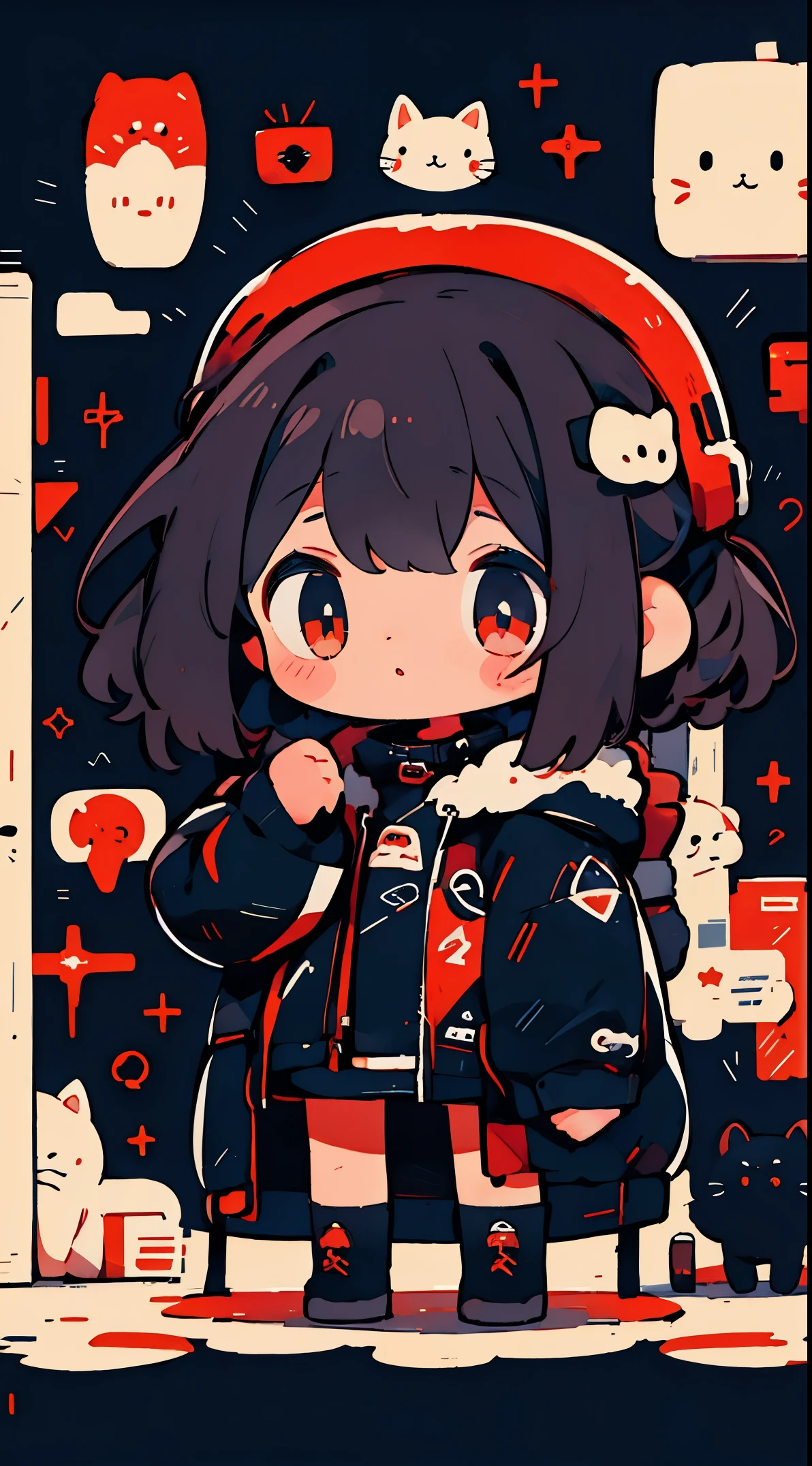 One girl、A dark-haired、cute little、parka、poneyTail、red eyes、masterpiece、top-quality、Top image quality