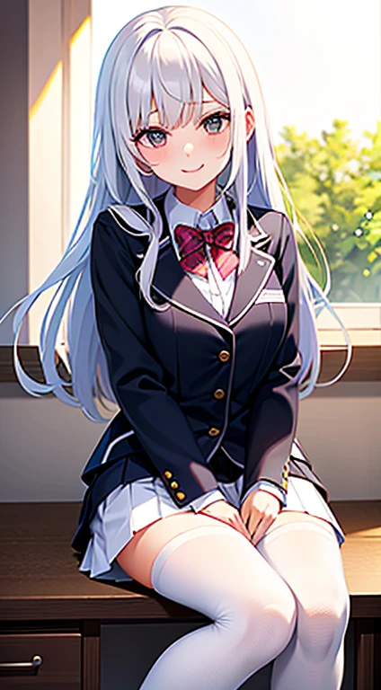 Girl in school uniform and white pantyhose,White-haired smiling face blushing while sitting in sexy way
