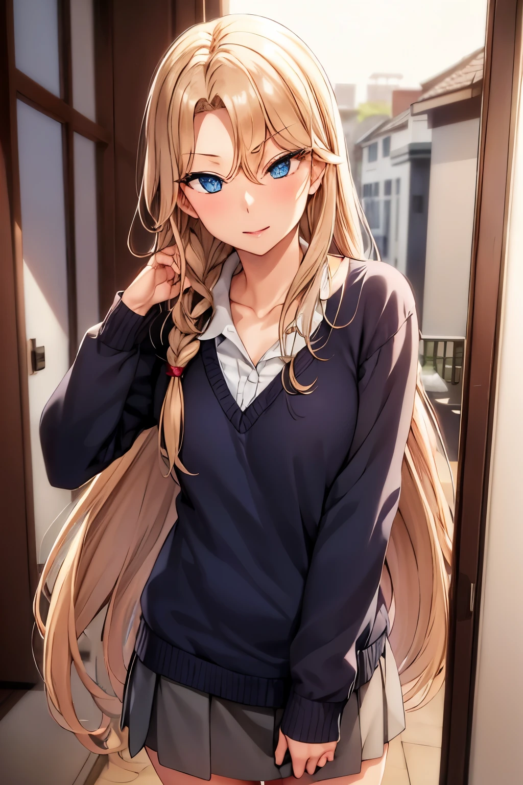 masutepiece, (Best Quality), 1womanl,1girl in ,reika_Classic,    Long hair, Brunette hair,   Blue eyes, braid, single braid, Hair intake, hair over shoulder, (maturefemale), Skirt, Sweaters, Cardigan,       house wife,     , blush vibrant colors ,,Natural lighting  ,nffsw, hair between eye , Beautiful, (Detailed face:1.2), showcase, (Perfect eyes:1.4)、(Phototriaritic:1.1), 8K UHD,  Looking at Viewer,  indoorround、(((tiny chest)))