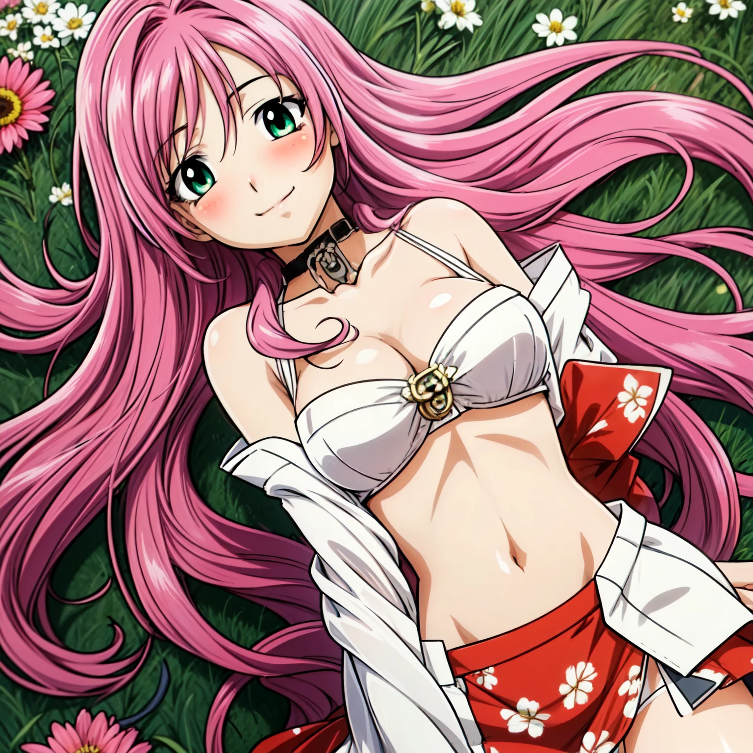 1 Women, 28 years old, long pink hair, green eyes with slit pupils, Floral kimono, off shoulders, a miniskirt, red blush, flower field, sexy, perfect body, Make eye contact with the camera, (light_Smile:1.5),