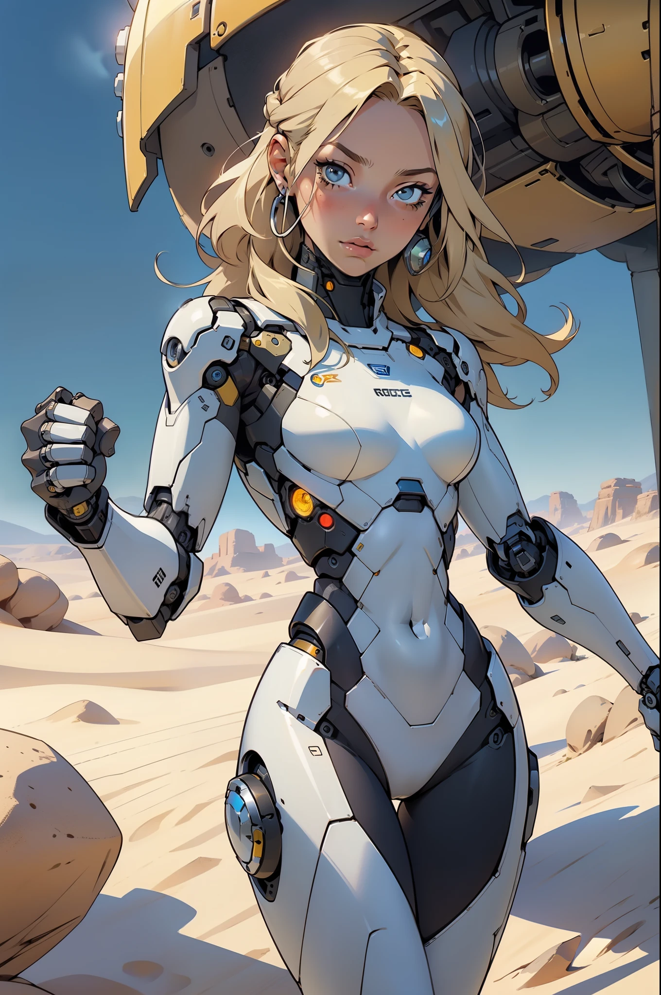 high quality, 4k, masterpiece, beautiful, cyborg girl, cowboy shot, dull eyes, looking at viewer, long blonde hair, girl, small breasts, fit thigh, robotic arms, robotic body, cyborg body, yellow accent, intricate detail, joint, detailed lines, robotic detail, holding fist up, holding hand up as fist, color robotic parts, robotic parts with color, perfect fingers, on a desert planet, sunny background, colorful desert,