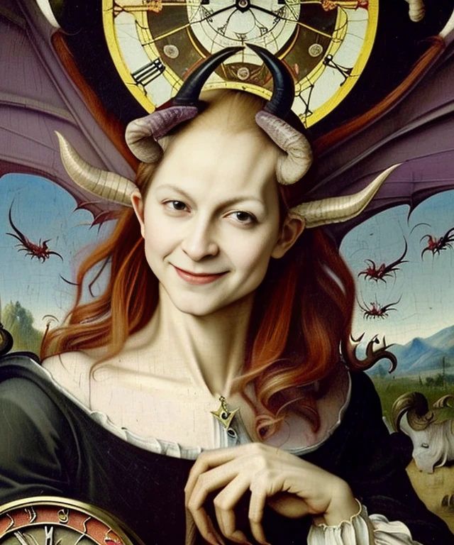 oil painting, beautiful red devil, evil female, (((wearing black-purple tunic, twisted goat horns, large dragon wings))), (((messy hair, small bust))), (((evil smile))), (((holding a clock))), against large clock, highly detailed, realistic shaded perfect body, ultra realistic picture, (((renaissance art style, art by Hieronymus Bosch)))