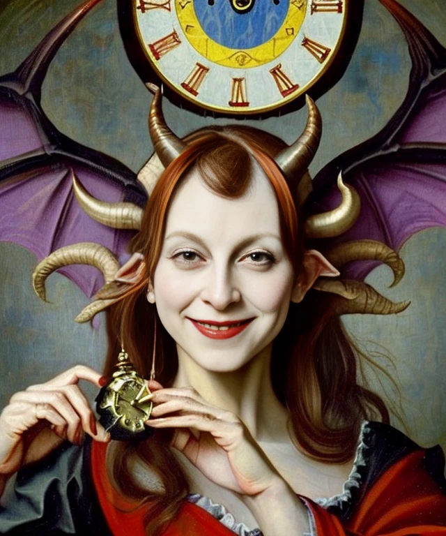 oil painting, beautiful red devil, evil female, (((wearing black-purple tunic, twisted goat horns, large dragon wings))), (((messy hair, small bust))), (((evil smile))), (((holding a clock))), against large clock, highly detailed, realistic shaded perfect body, ultra realistic picture, (((renaissance art style, art by Hieronymus Bosch)))