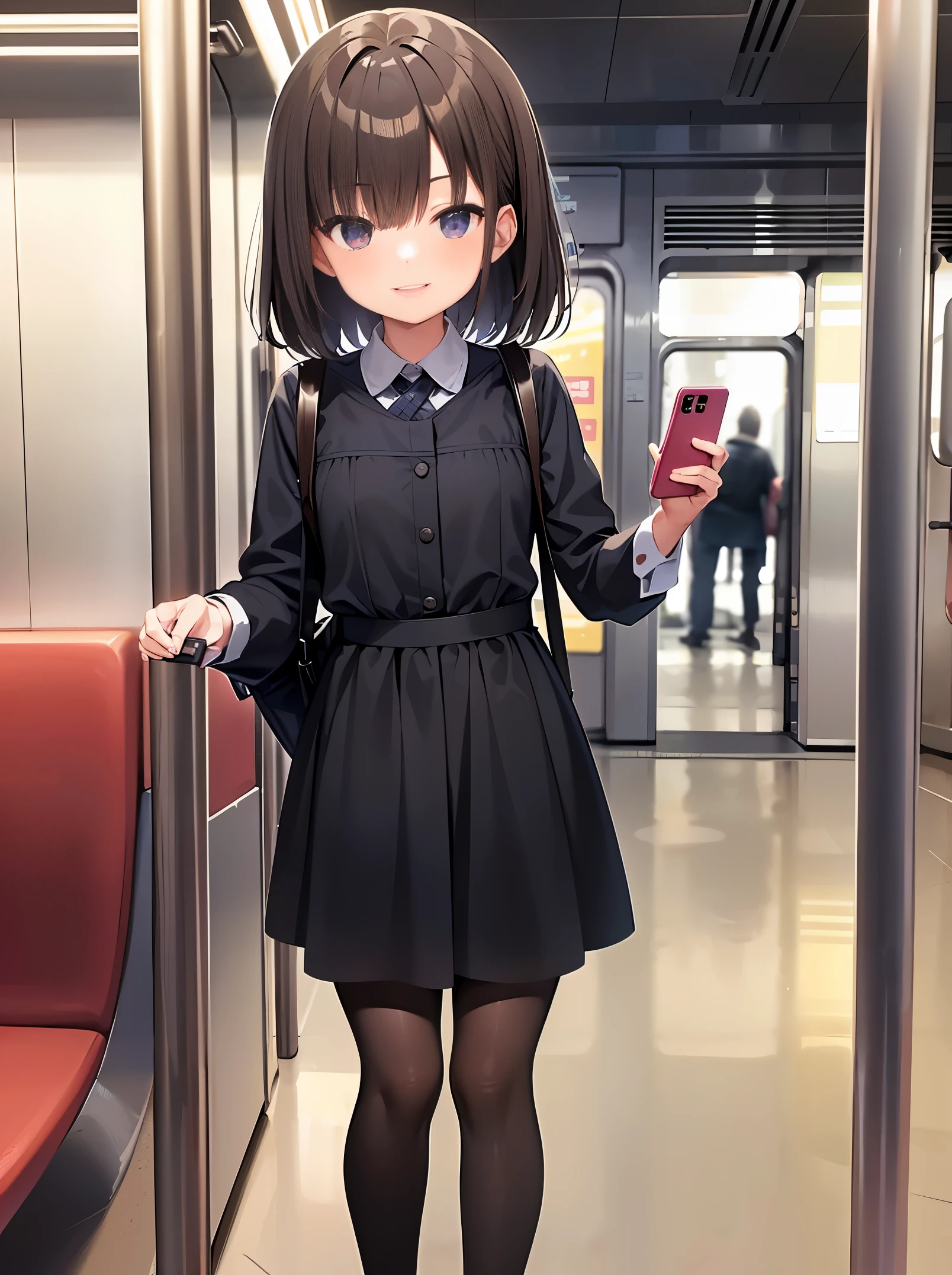 ***********, Using a smartphone on a subway train， Full body photo，mature girl, ​masterpiece, cool smile,