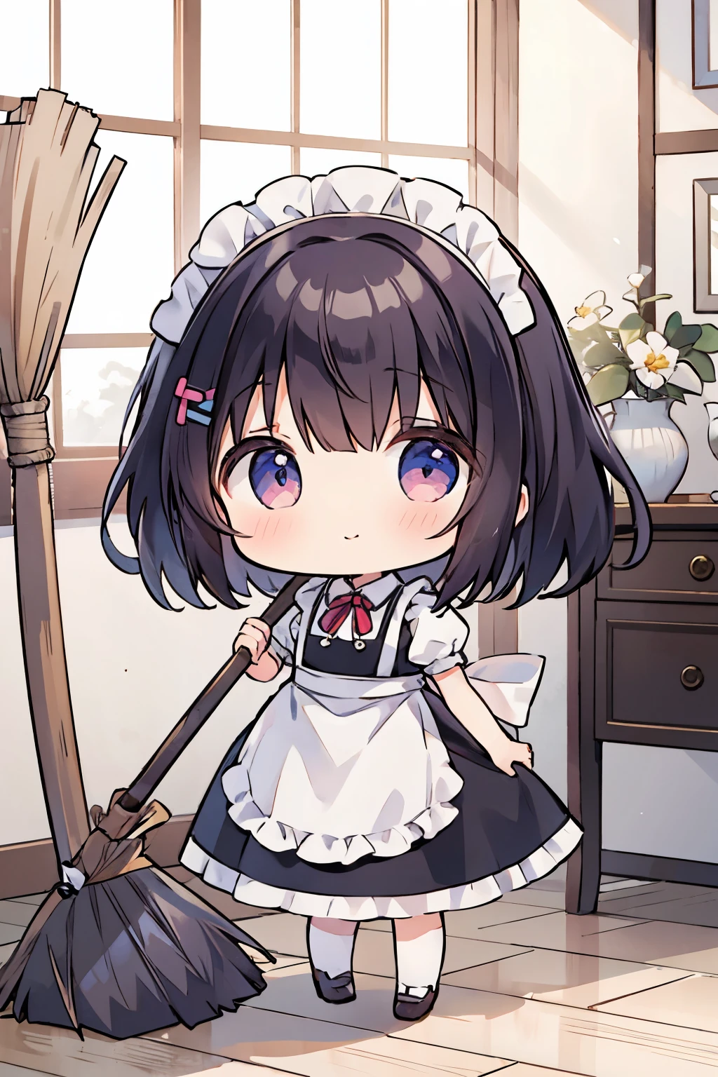 ((chibi:1.4)), (masterpiece), (best quality), high resolution, ultra detail, photorealistic, 8K, intricate face, detailed body, detailed face,
BREAK
maid group, multiple girls,
BREAK
maid uniform, maid skirt, maid apron, ((holding broom:1.2)), cleaning the House, indoor