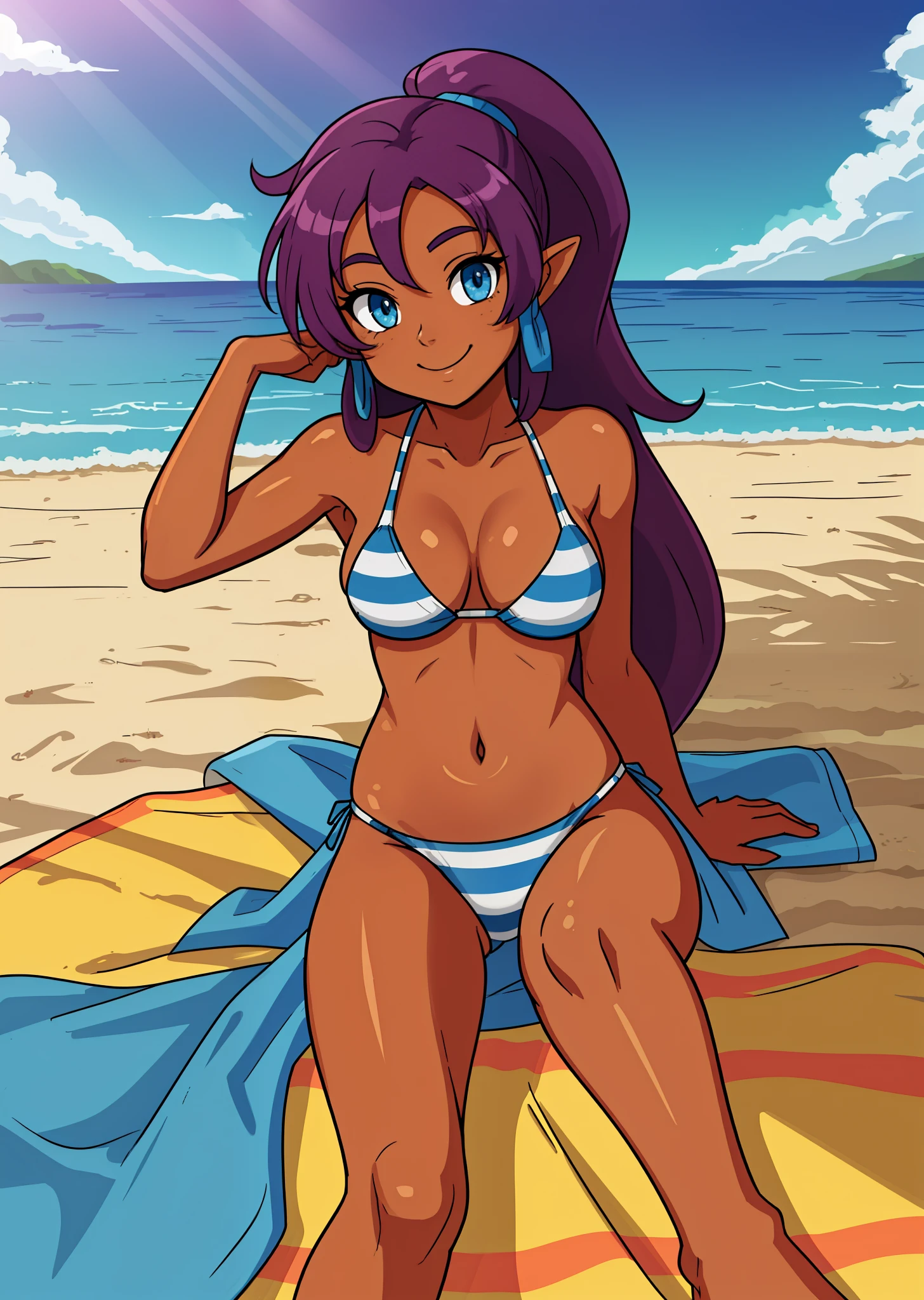 [Shantae], ((masterpiece)), ((HD)), ((highres)), ((solo portrait)), ((full body)), ((front view)), ((feet visible)), ((detailed shading)), ((intricate details)), {attractive girl, (dark skin tone), (brown skin), (long purple hair), (long ponytail), (cute blue eyes), (curvy hips), (beautiful legs), (beautiful feet), (cute smile)}, {(light-blue striped bikini), (navel)}, {(on beach towel), (laying on back), (hands behind head), (looking at viewer)}, [background; (beach), (beautiful ocean), (blue sky), (sun rays), (ambient lighting)]