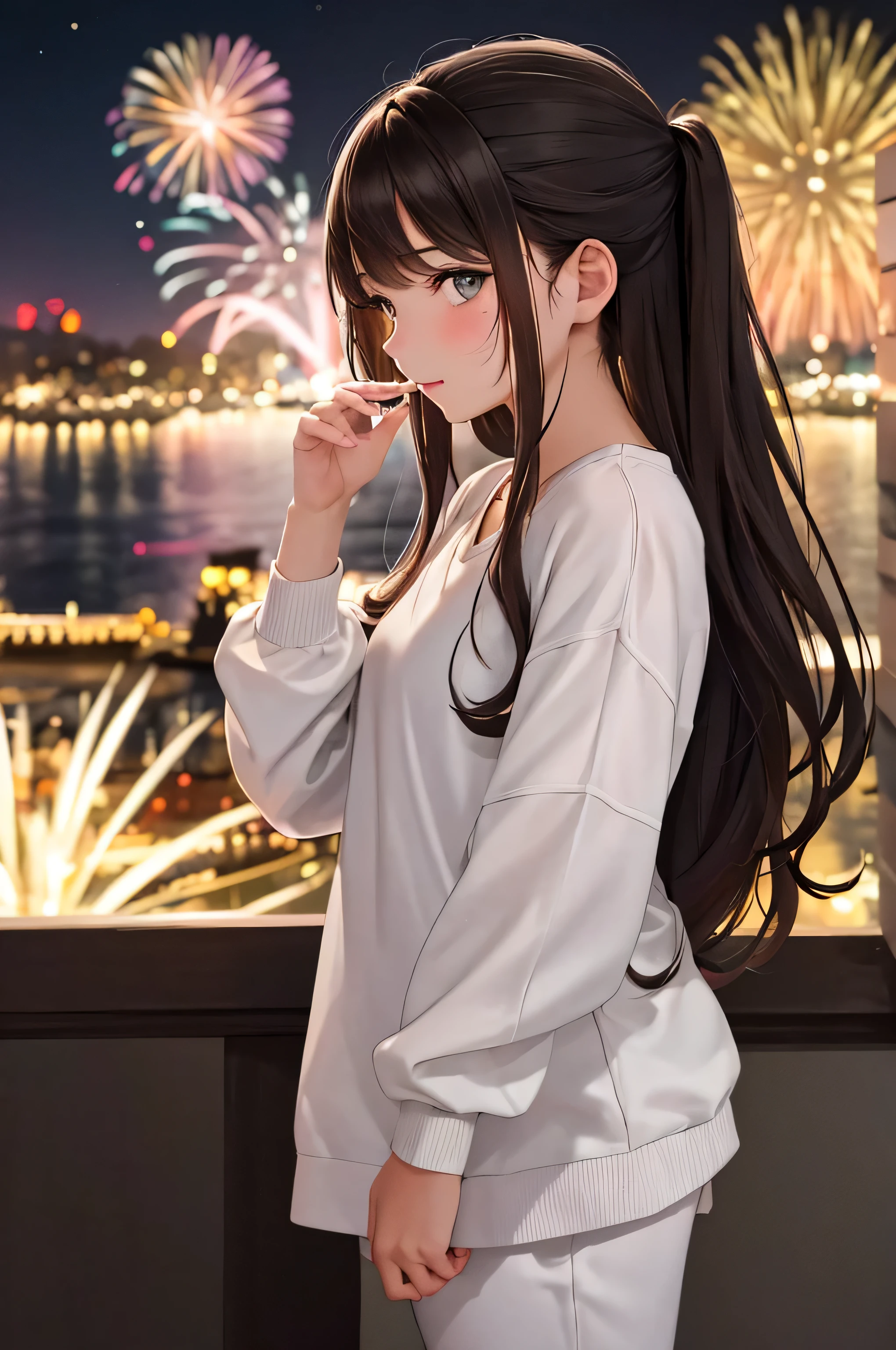 {there is a young girl watching some fireworks. she is beautiful, and attractive. she is wearing a white top and pink track pants. she has beautiful long brown hair, and beautiful hazel eyes. it is a new year celebration. there is fireworks of all colours. she is watching them from a balcony overlooking the sydney harbour.}, {best quality}, {{masterpiece}}, {highres}, {{{8k}}}, extremely detailed girl, {{{caucasian skin}}}, {{{detailed face}}}, {photo-realism}, {{perfect anatomy}}, sharp focus, {{{character{1 girl}}}}, solo, {{{{{sharp focus}}}}}, {{{detailed cloth texture}}}, {{{detailed skin texture}}}, {{{smooth lighting}}}, {{australian decent}}, {{18-years old girl}},