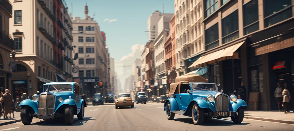 1930s style cavalry blue car driving down a city street with a man walking by, concept art inspired by Oskar Lüthy, trending on polycount, retrofuturism, unreal engine. retro film still, photorealistic cinematic render, cinematic front shot, 8k octane render photorealistic, cinema 4d cinematic render, cinematic render, cinematic 4k octane render