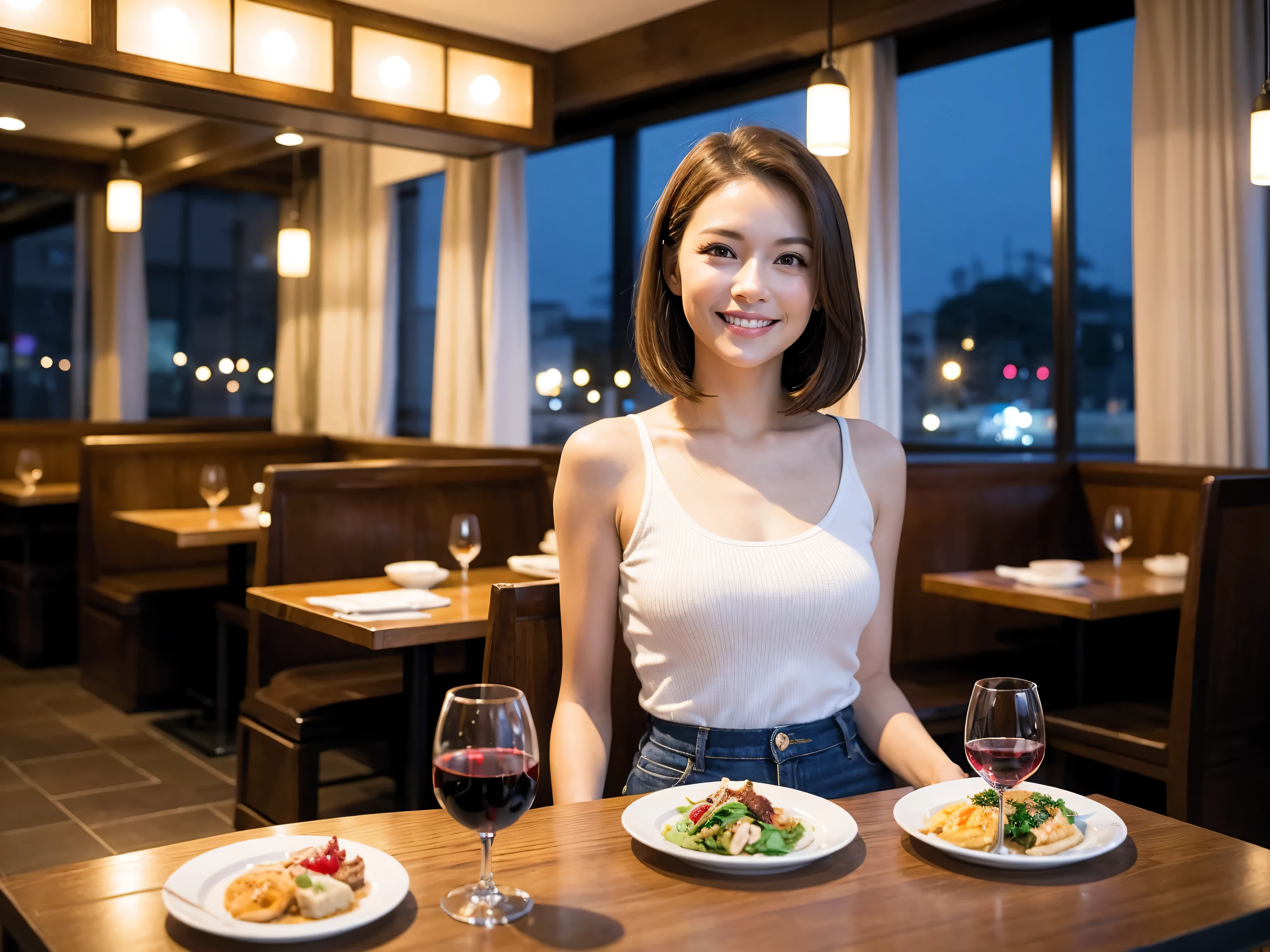 (64k uhd, nffsw, of the highest quality, masutepiece: 1.2), (Realistic, Photorealistic: 1.37), Pretty Woman 1, (Slim Face), (slimボティ), (Brown hair), (short-cut), Italian、Dutchman、Americana、Frenchman、japanes、cheeks blush a little, (40 years old), 38 years, Solo, A beautiful and detailed night view spreads out outside the window............, restaurant, wine glassesに座って, At night, In a prominent place (from waist up) NovaFrogStyle, actress, Model, waist-up, white wine, slim, wine glasses, Super clean night view, 真ん中に置かれたwine glasses, Happy smile, (Smile: 1.15), Beautiful fine eyes, Upper body, Bust Japan Up, Night, Short, Short, actress, Model, waist-up, white wine, slim, wine glasses, Super clean night view, 真ん中に置かれたwine glasses, Happy smile,