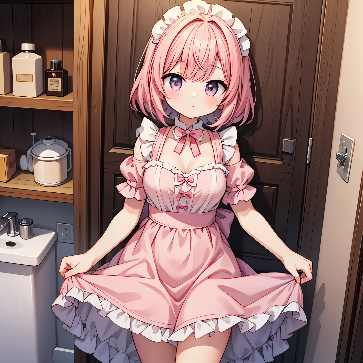 Cute Anime girl with Doll body, short and pink haired, wearing a pink maid clothes, her boobs are showing and her pussy, she is covered with cum, she is in a bathroom.