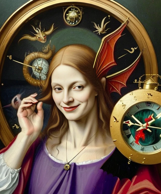 oil painting, beautiful red devil, evil female, (((wearing black-purple tunic, large dragon wings))), (((messy hair, small bust))), (((evil smile))), (((holding a clock))), against large clock, highly detailed, realistic shaded perfect body, ultra realistic picture, (((renaissance art style, art by Hieronymus Bosch)))