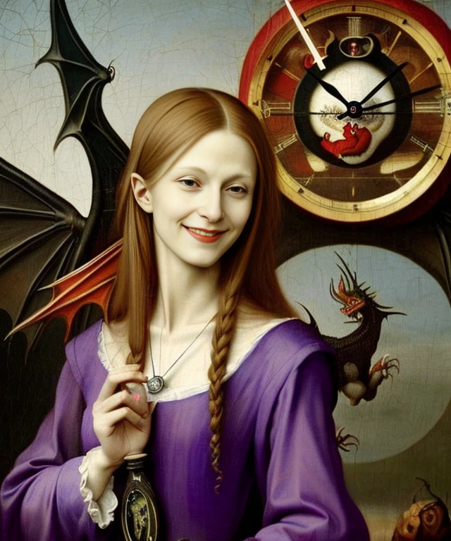 oil painting, beautiful red devil, evil female, (((wearing black-purple tunic, large dragon wings))), (((messy hair, small bust))), (((evil smile))), (((holding a clock))), against large clock, highly detailed, realistic shaded perfect body, ultra realistic picture, (((renaissance art style, art by Hieronymus Bosch)))